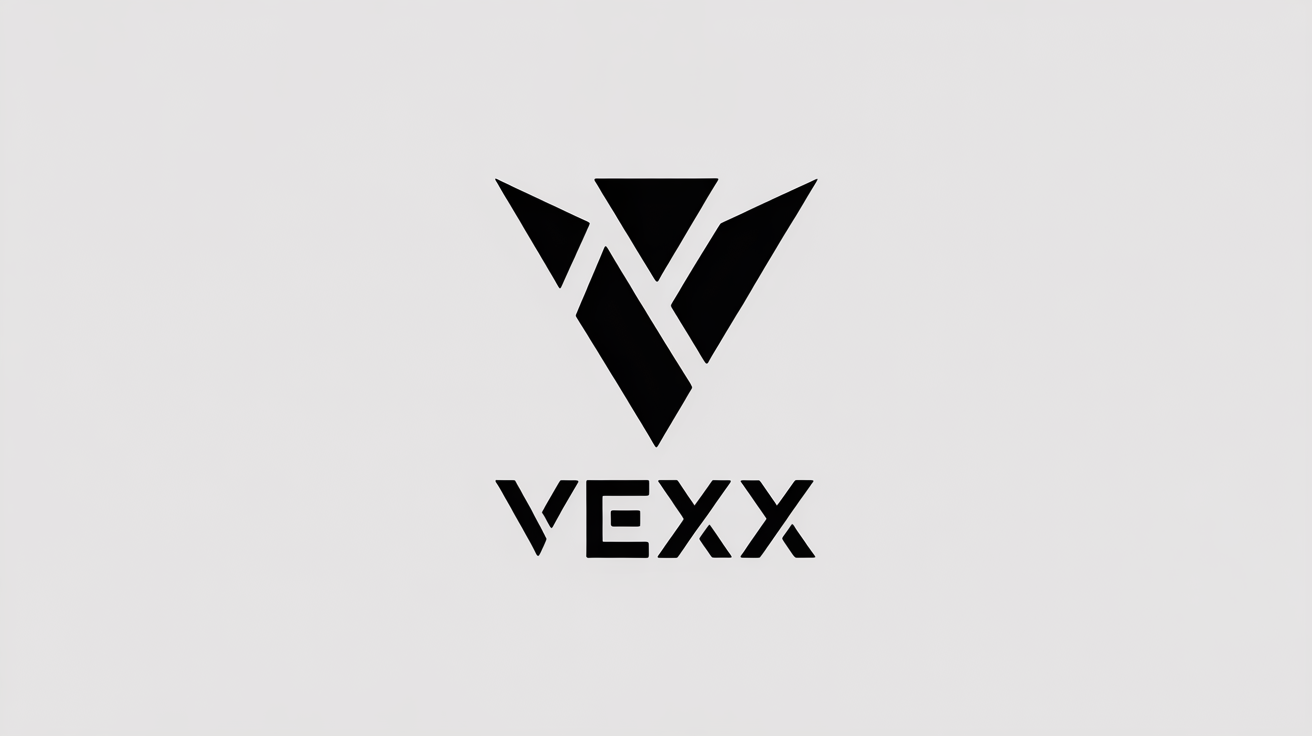 A modern, edgy logo mockup for a brand called 'VEXX'. The design features a sharp, black geometric symbol above the brand name on a white background.