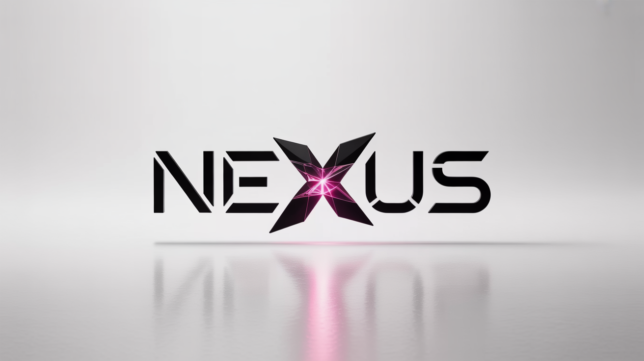 A professional mockup of an edgy logo for a fictional brand called 'NEXUS'. The logo features the word in a sharp, black font with a neon magenta, fragmented 'X', all on a clean white background.