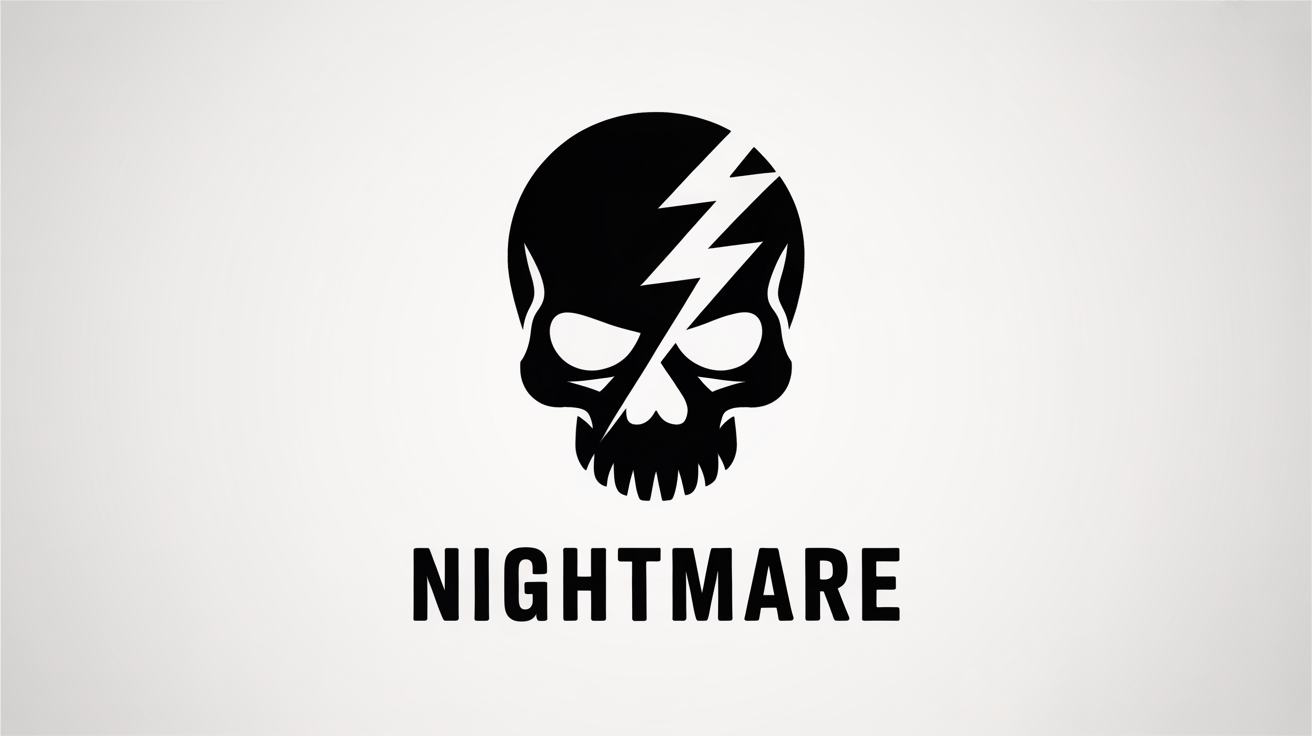 A modern black logo on a white background, featuring a stylized geometric skull with a lightning bolt. The word 'NIGHTMARE' is written underneath in a bold, edgy font.