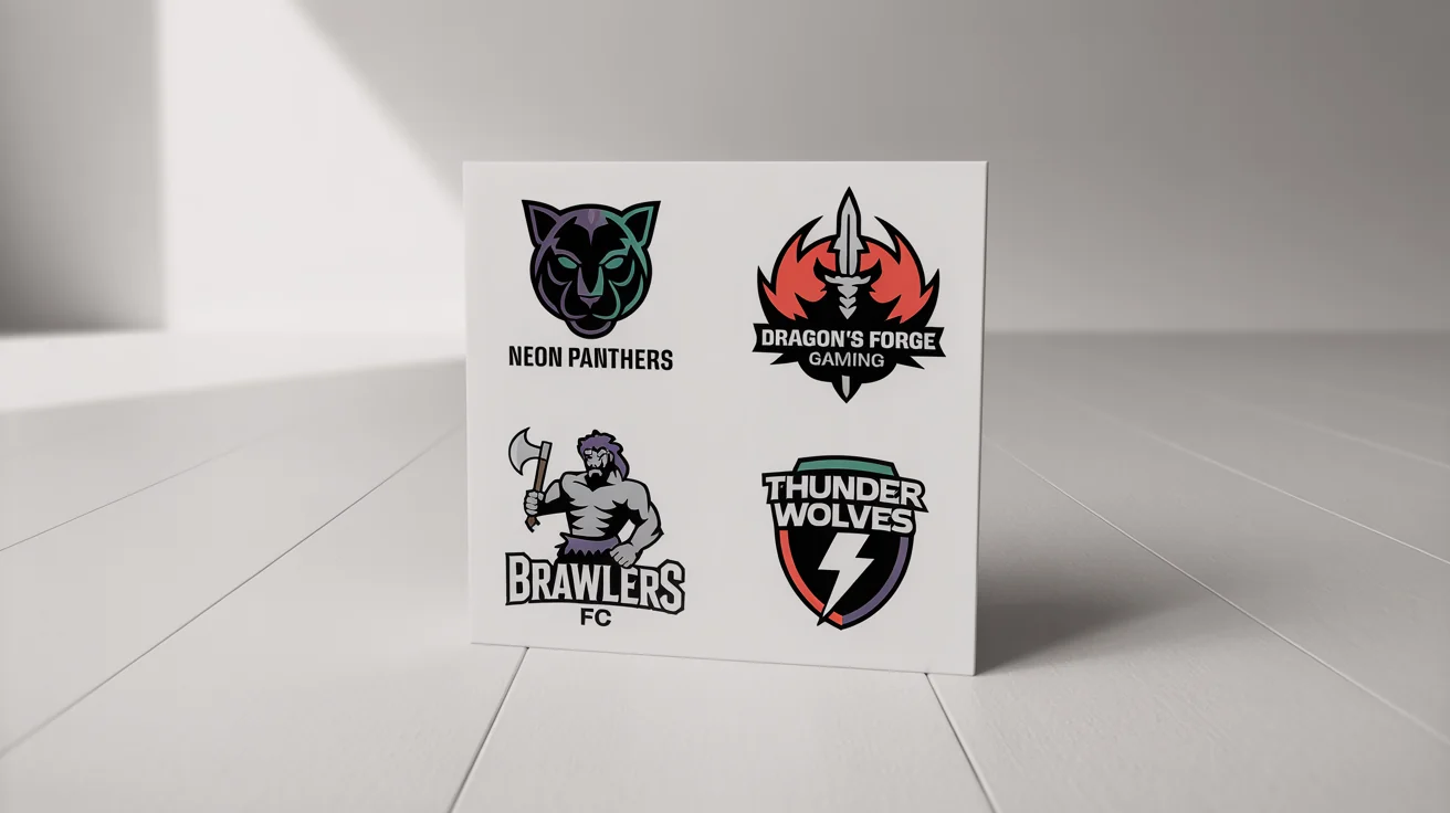 A collection of four professionally designed logos for gaming clans and fantasy sports teams, displayed on a clean white background. The logos include a cybernetic panther, a dragon with a sword, a minotaur, and a wolf on a shield.