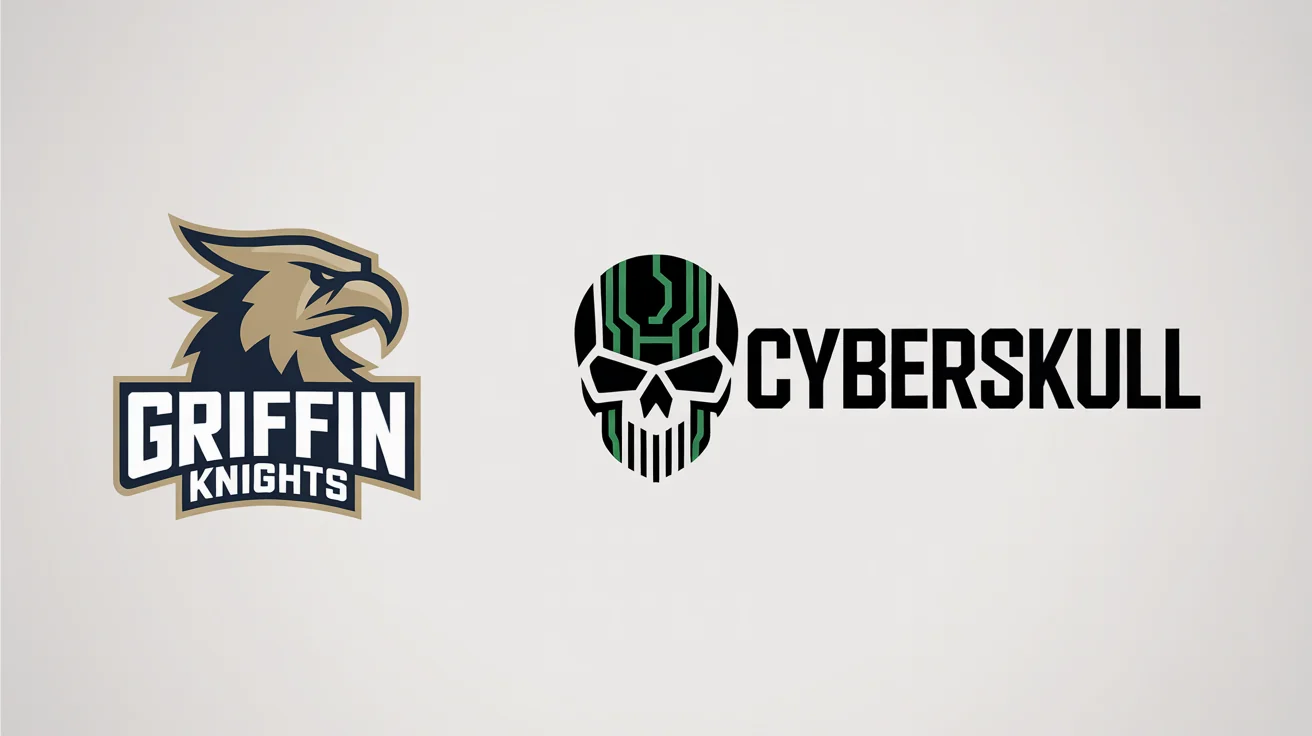 A mockup displaying three professionally designed logos on a white background: a navy and gold griffin for the 'Griffin Knights' sports team, a neon green cybernetic skull for the 'Cyberskull' gaming clan, and a silver 'SR' monogram.