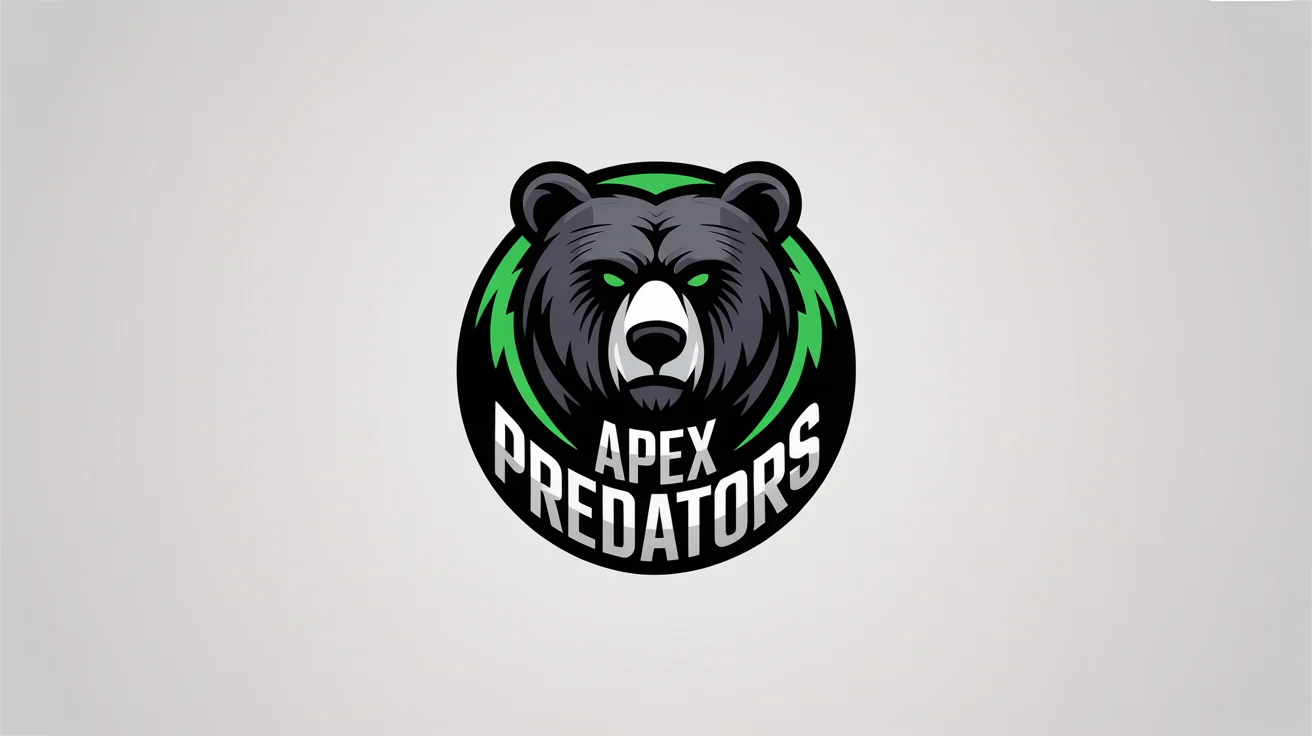 A mockup of a modern e-sports logo for a gaming clan called 'Apex Predators', featuring a stylized, roaring grizzly bear head with neon green accents on a white background.