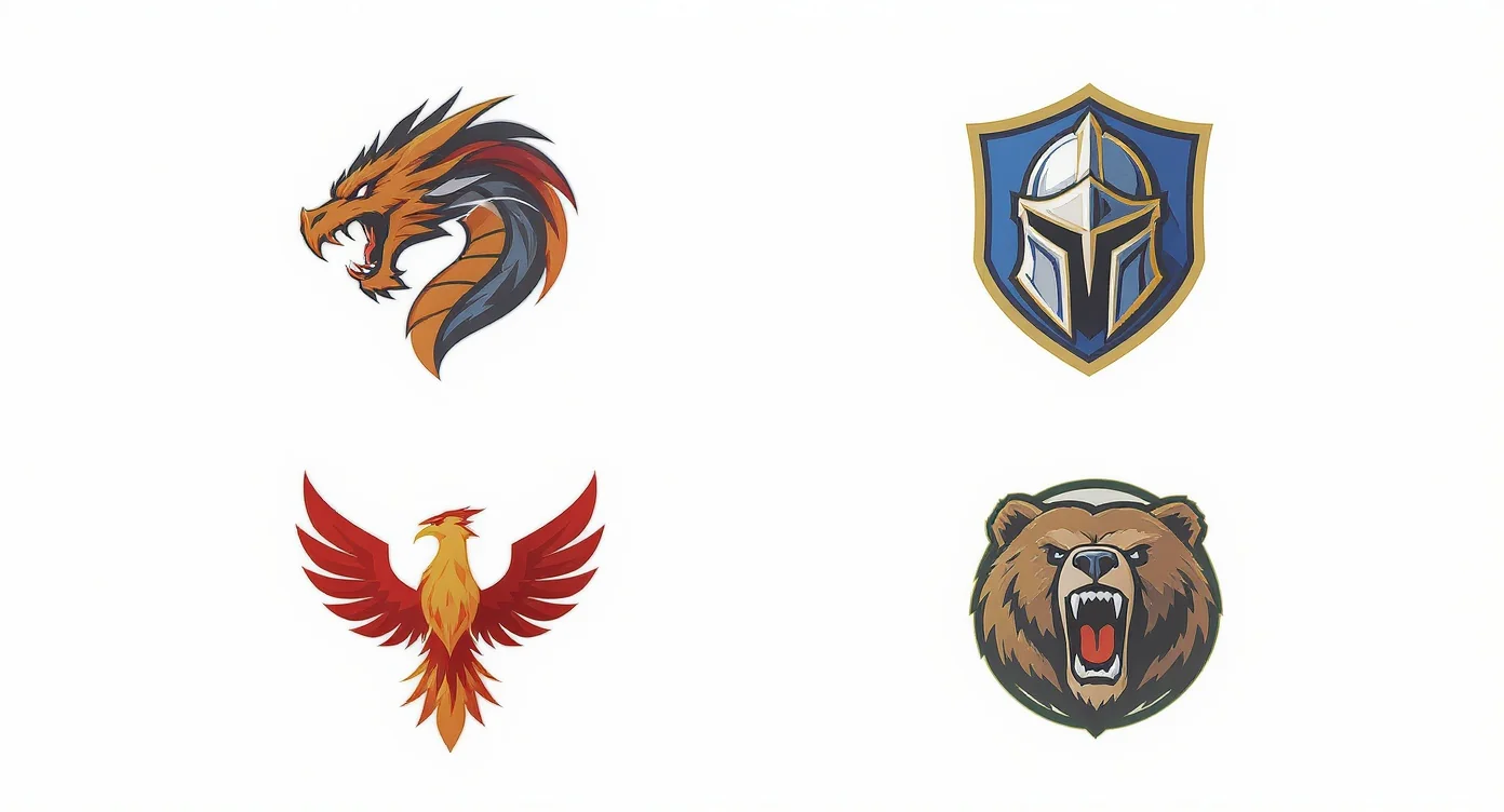 A grid of four modern logos for gaming or fantasy sports, featuring a dragon, a knight, a phoenix, and a bear, all displayed on a clean white background.