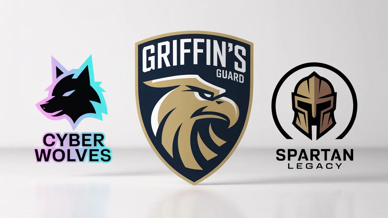 A collection of three professionally designed logos for gaming clans and fantasy sports teams, featuring a stylized griffin, a cyberpunk wolf, and a Spartan helmet on a white background.