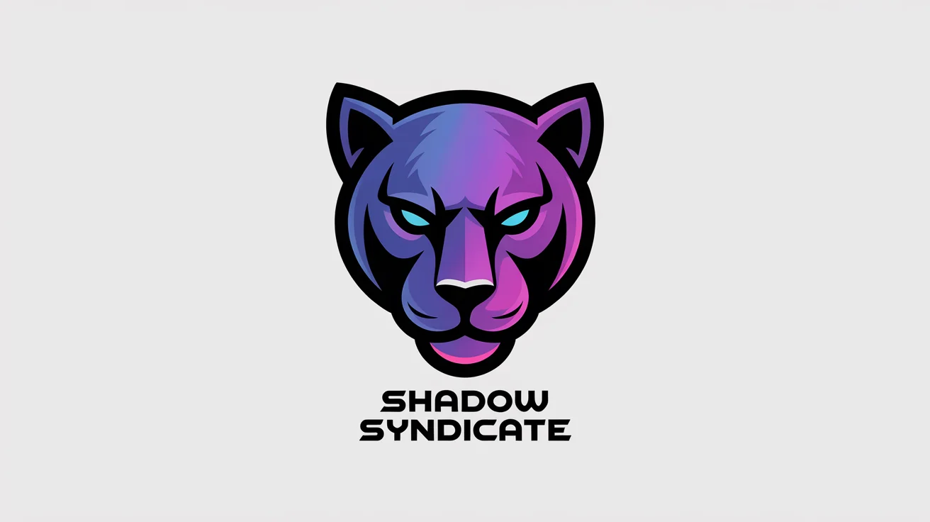A modern esports logo for a gaming clan called 'Shadow Syndicate', featuring a stylized geometric panther head in purple and pink on a white background.