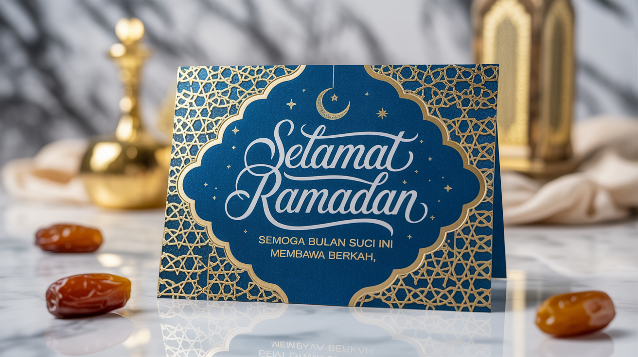 An eye-catching hero image of a professionally designed Ramadan greeting card in blue and gold with the text 'Selamat Ramadan' in elegant script, displayed on a clean white marble surface.