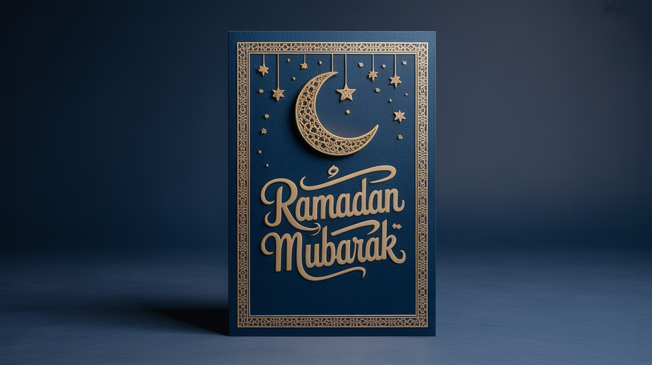 An elegant Ramadan greeting card mockup with a deep indigo background, gold foil crescent moon, stars, and 'Ramadan Mubarak' in calligraphy, standing on a white surface.