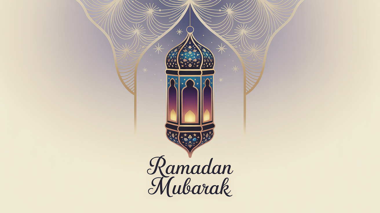 An elegant, vertically oriented Ramadan Mubarak greeting card mockup with navy blue, purple, and gold foil details, featuring a crescent moon and lantern, set against a plain white background.