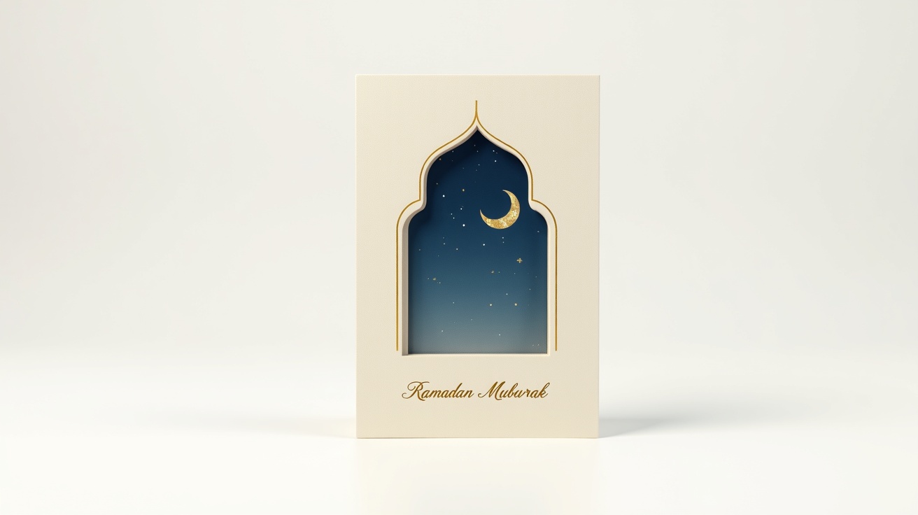A mockup of a sophisticated Ramadan card with a blue and gold arabesque arch design and 'Ramadan Mubarak' in gold calligraphy, set against a plain white background.
