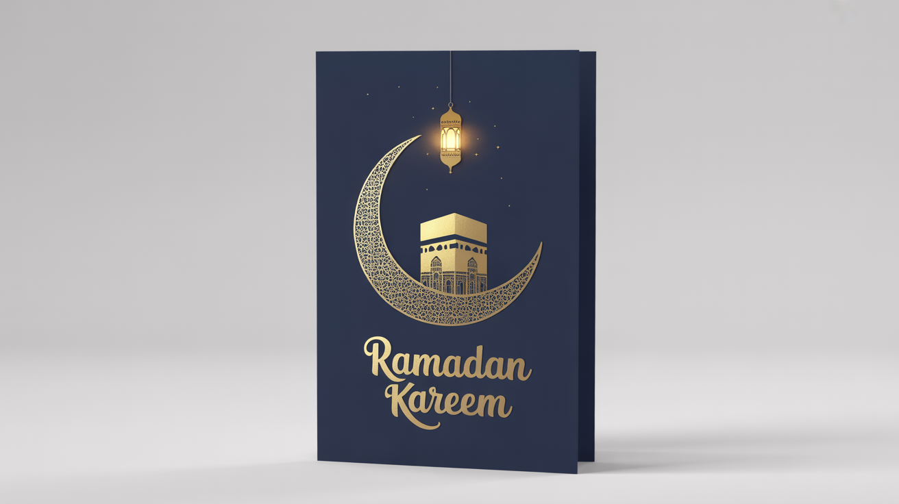 A photorealistic mockup of an elegant, vertical Ramadan greeting card on a white background. The deep indigo card features gold foil designs of a mosque, a crescent moon, a lantern, and the text 'Ramadan Kareem' in Arabic calligraphy.