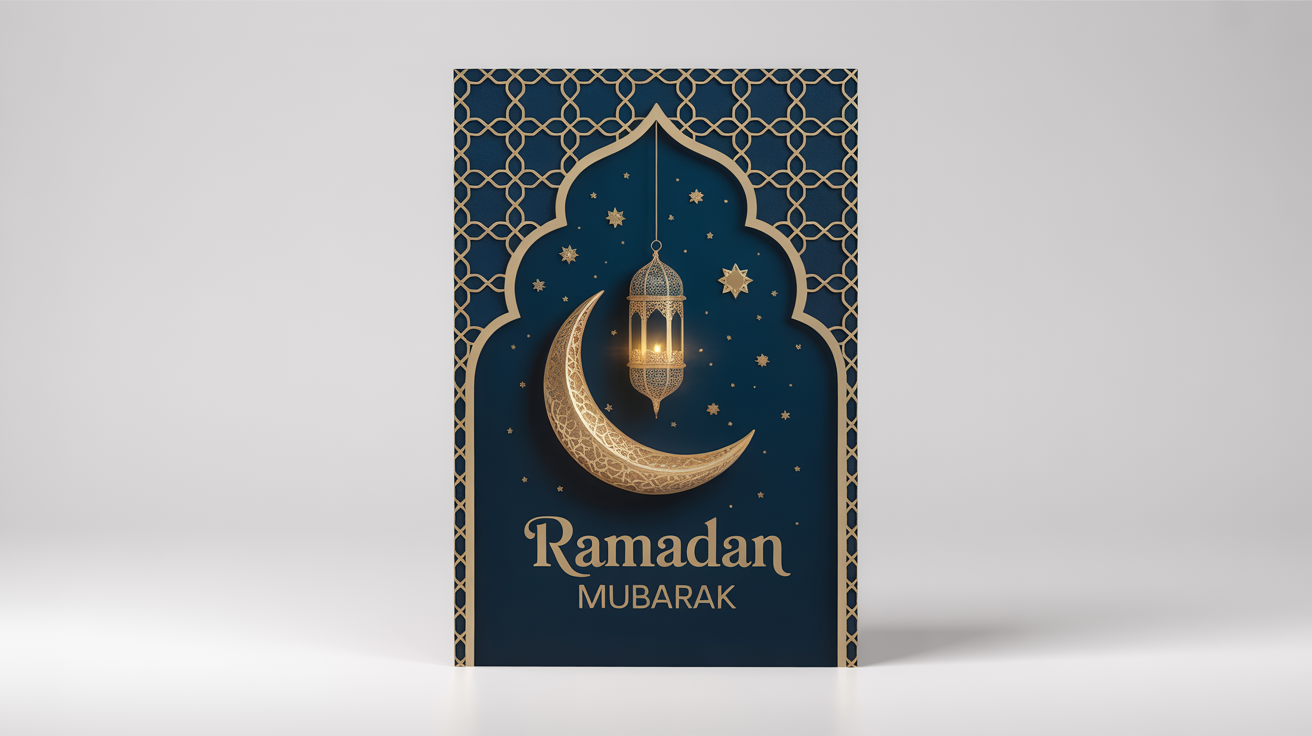 An elegant Ramadan greeting card mockup with a navy blue and gold design, featuring a crescent moon, a lantern, and the text 'Ramadan Mubarak', set against a clean white background.