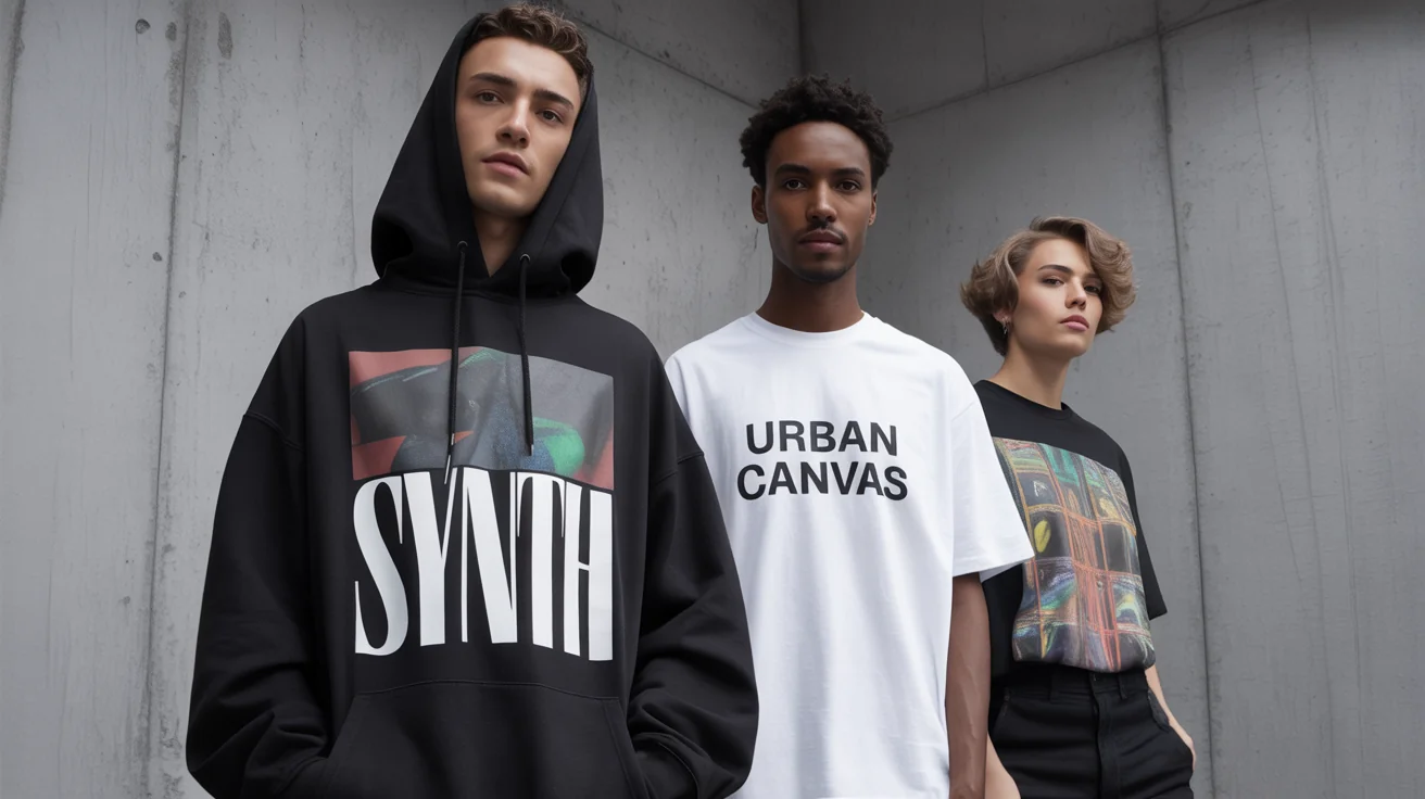 A dynamic hero image showing three diverse models in a studio wearing custom-designed streetwear, including a black graphic hoodie and a white t-shirt with bold text.