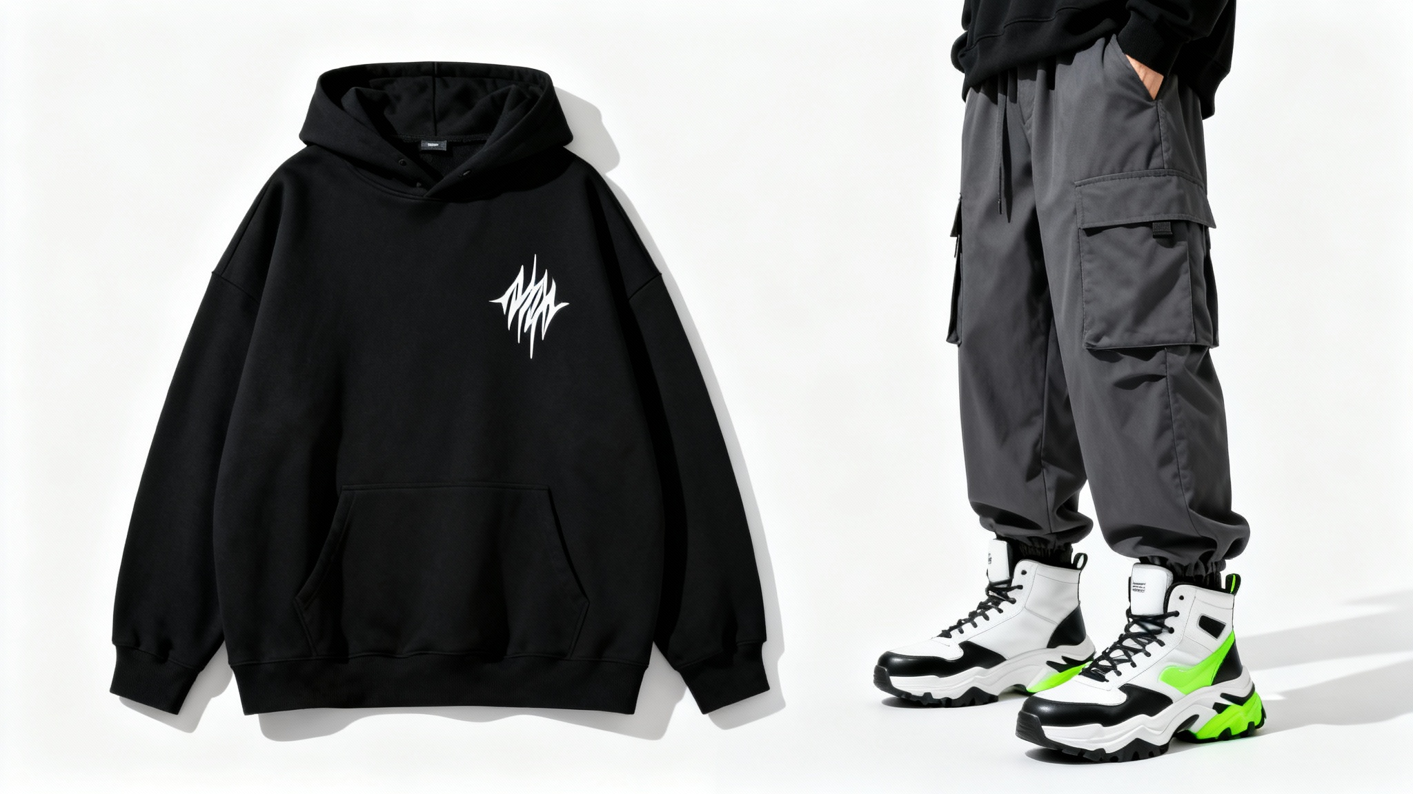 A studio shot of a streetwear outfit on a mannequin, featuring a black hoodie, charcoal cargo pants, and chunky sneakers, set against a clean white background.