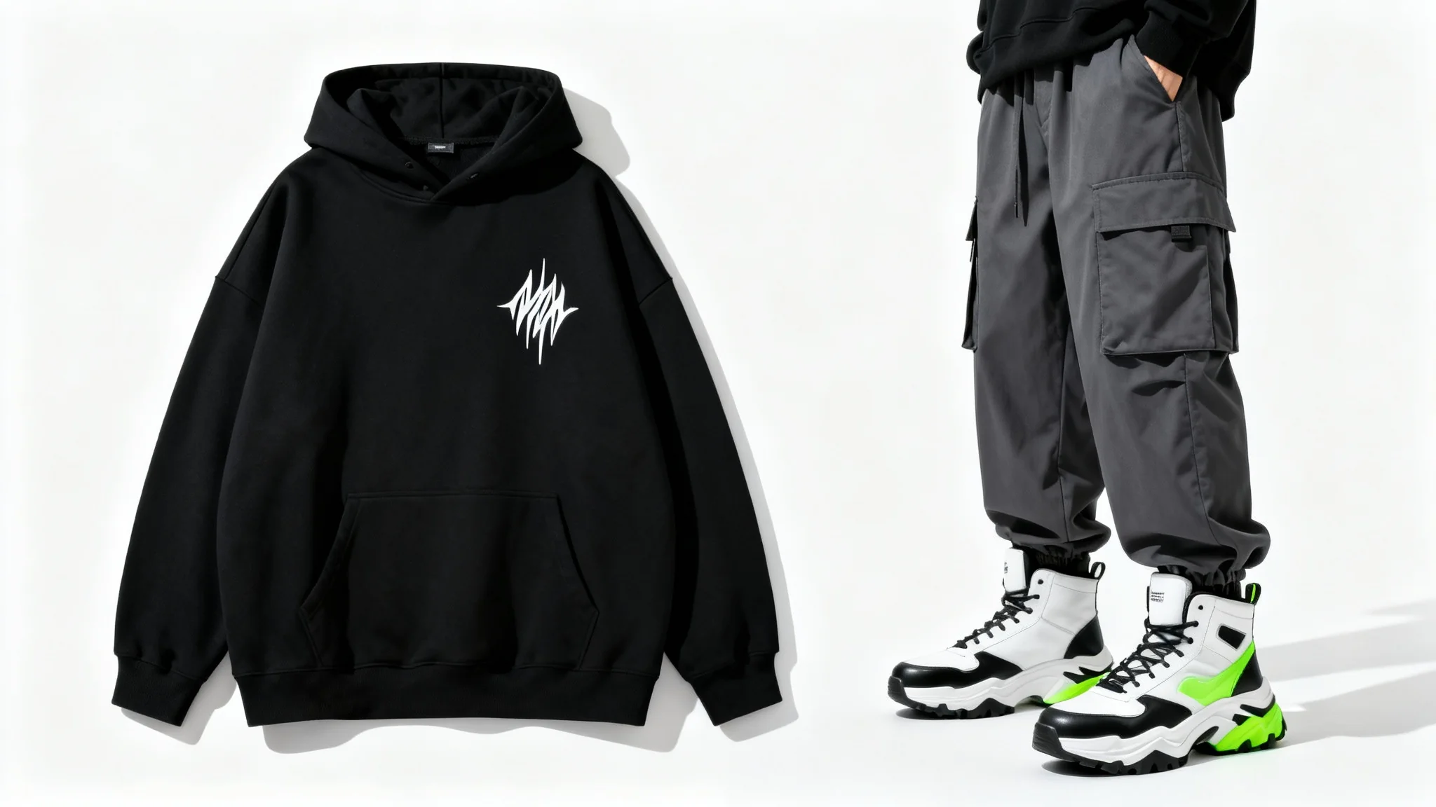 A studio shot of a streetwear outfit on a mannequin, featuring a black hoodie, charcoal cargo pants, and chunky sneakers, set against a clean white background.