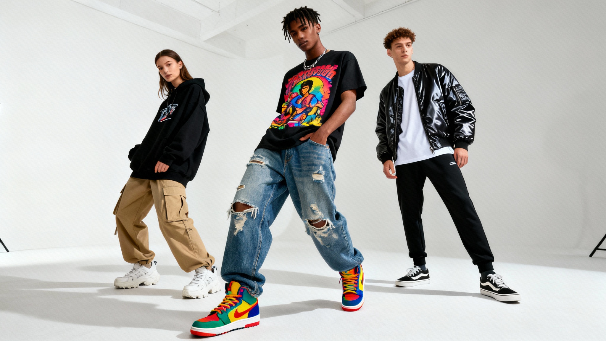 Three diverse models in a full-body shot, posing in trendy streetwear outfits, including hoodies, graphic tees, and sneakers, against a plain off-white background.