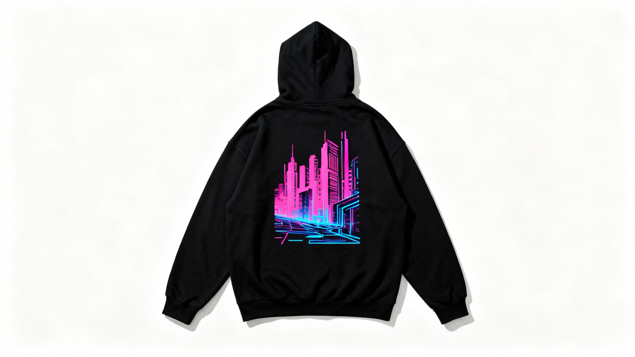 A high-quality, oversized black streetwear hoodie with a vibrant neon cityscape graphic on the back, displayed in a top-down flat lay against a clean white background.