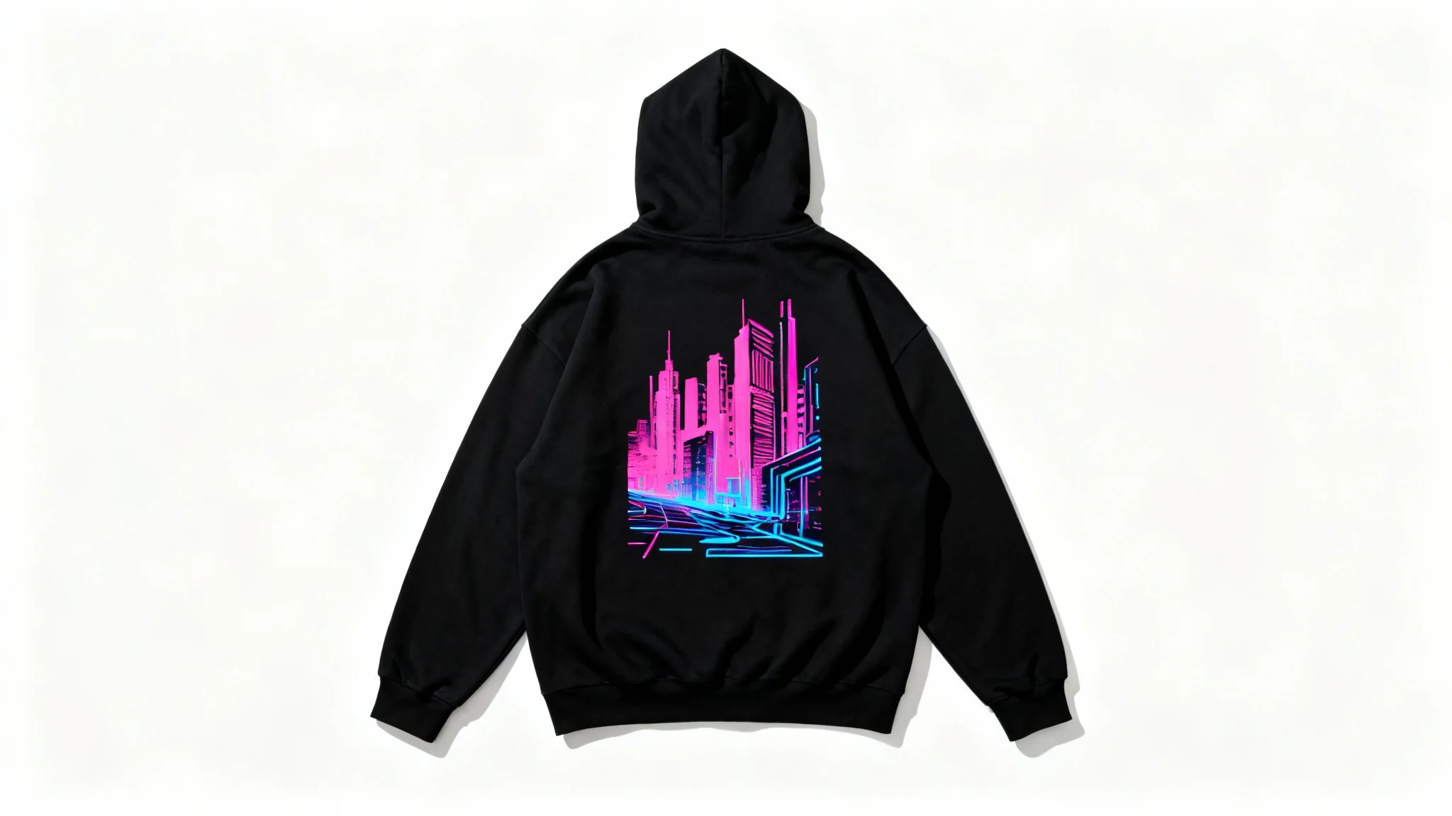 A high-quality, oversized black streetwear hoodie with a vibrant neon cityscape graphic on the back, displayed in a top-down flat lay against a clean white background.