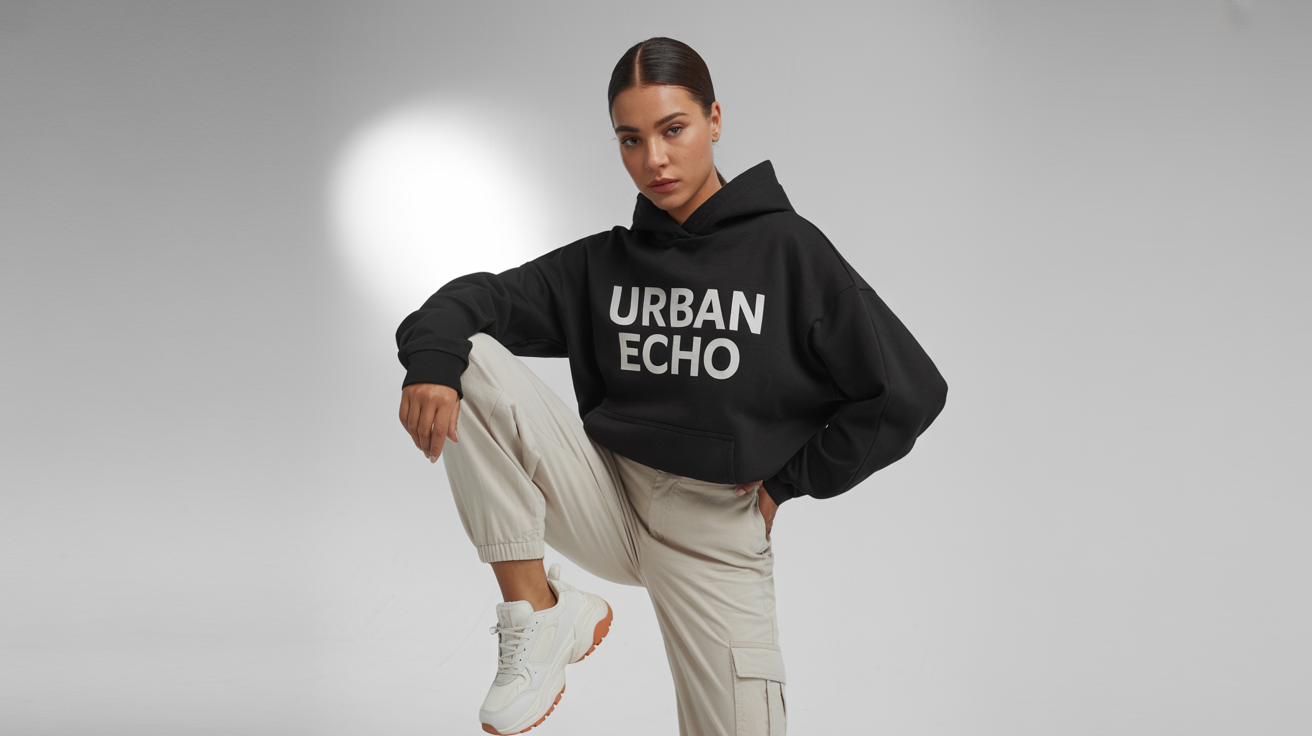 A full-body shot of a model wearing a black streetwear hoodie that says 'URBAN ECHO', beige cargo pants, and white sneakers, posing against a plain white background.