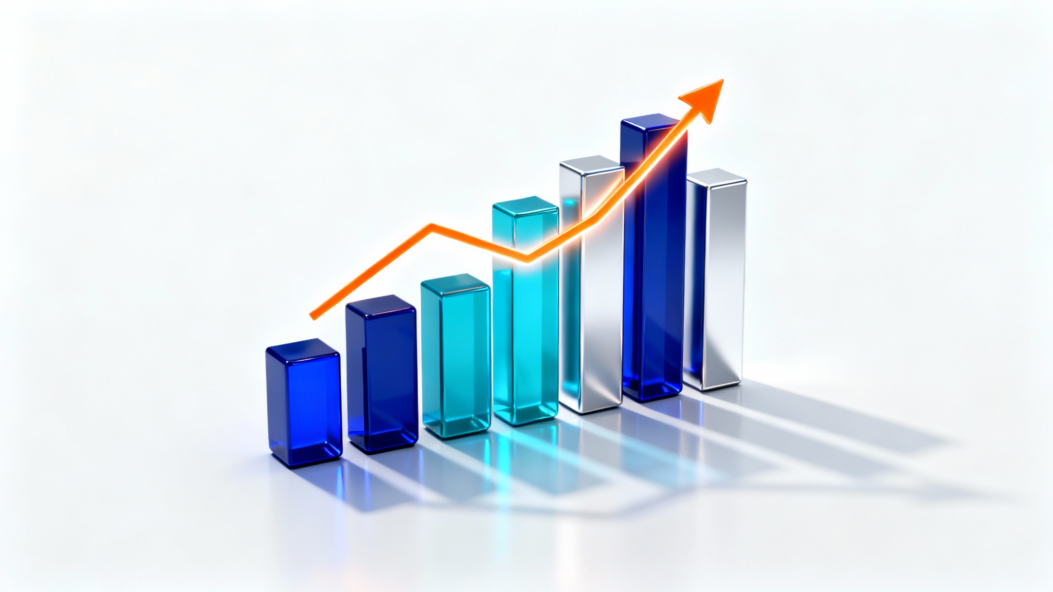 A sleek 3D infographic chart with blue and silver bars and an upward-trending orange line, illustrating data growth and analysis on a white background.