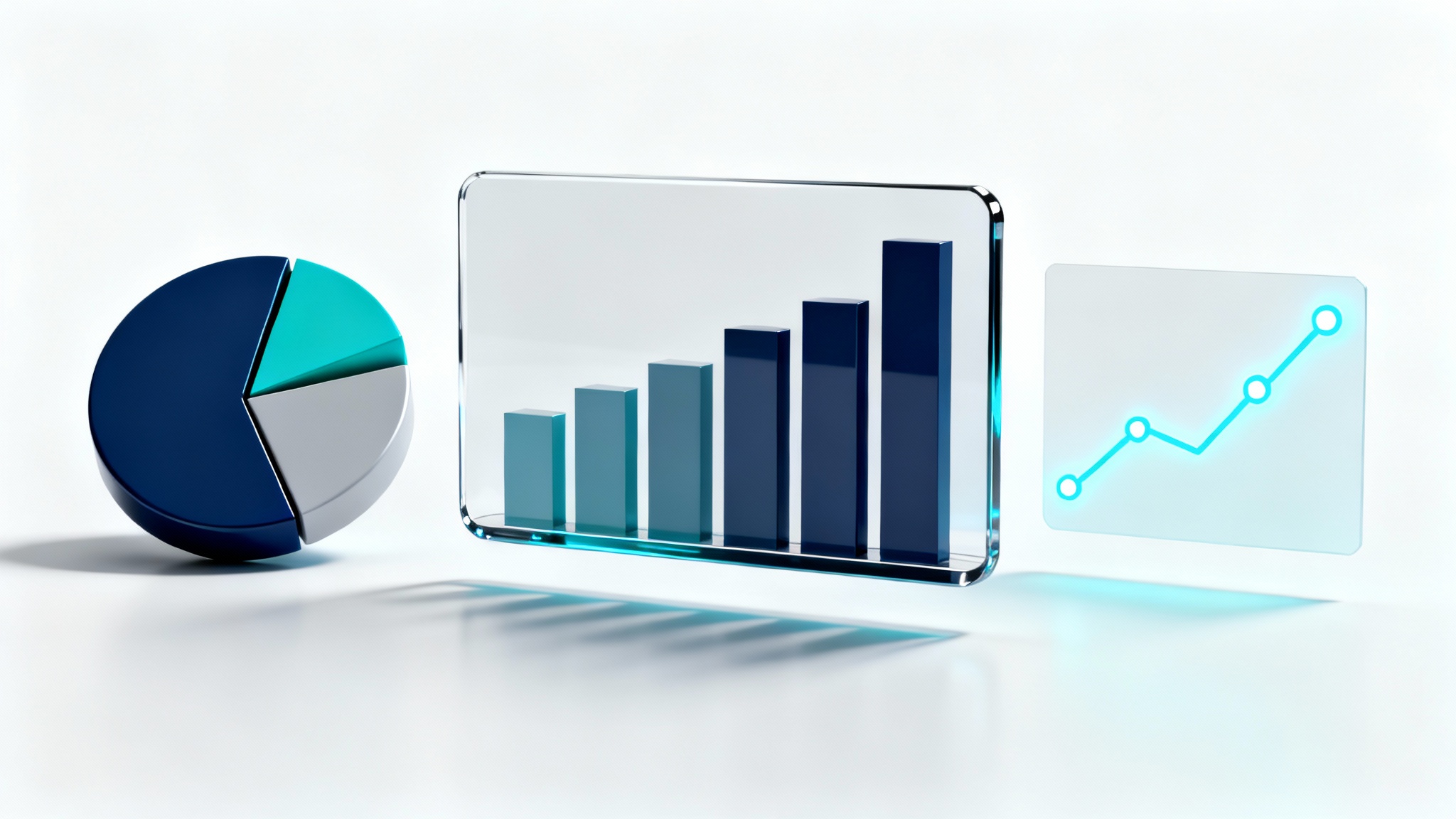 A 3D rendering of various data charts, including a bar chart, pie chart, and line graph, presented in a clean, modern style with a blue and teal color palette against a white background.