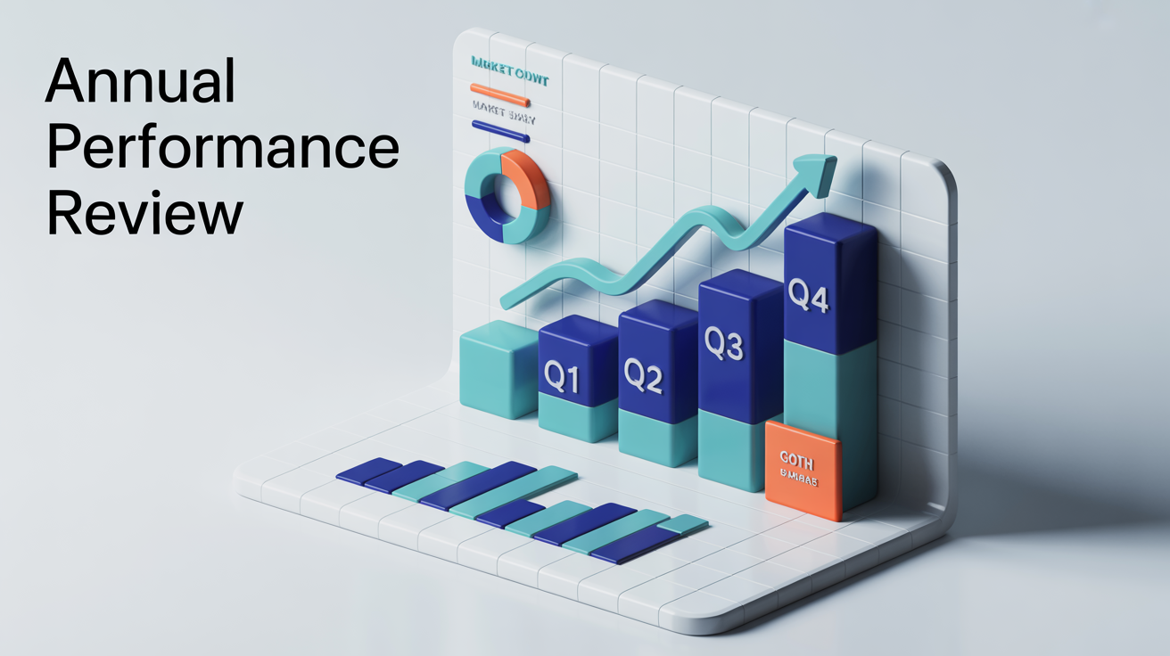 A modern 3D data chart mockup showing positive growth. It includes a bar chart, a line graph trending upwards, and a donut chart, all with fictional labels and a title 'Annual Performance Review'.