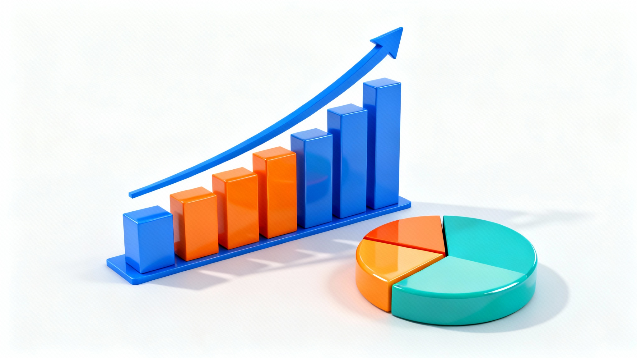 A modern 3D mockup of a colorful bar chart and a pie chart on a white background, symbolizing data analysis and business growth.