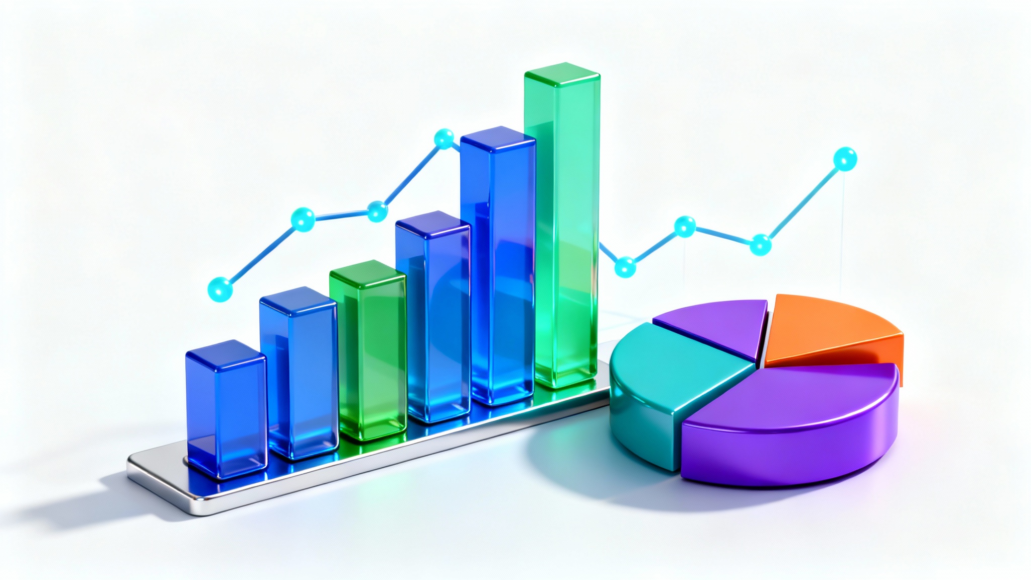 A visually appealing 3D mockup of various business charts, including a bar chart and pie chart, in vibrant colors against a white background.