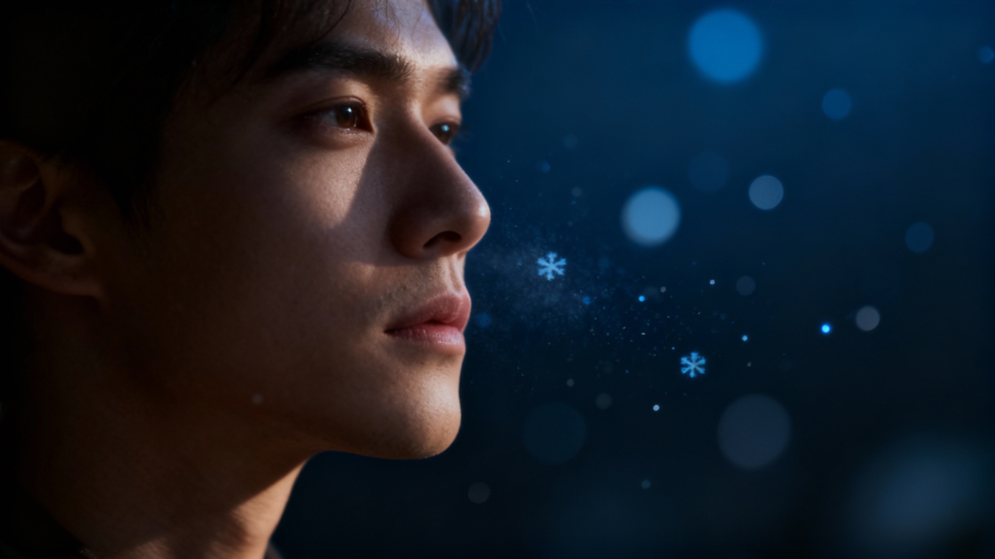 A dramatic, cinematic portrait of a person in low light, enhanced with a beautiful overlay of floating dust particles that catch the light, adding depth and texture to the photo.