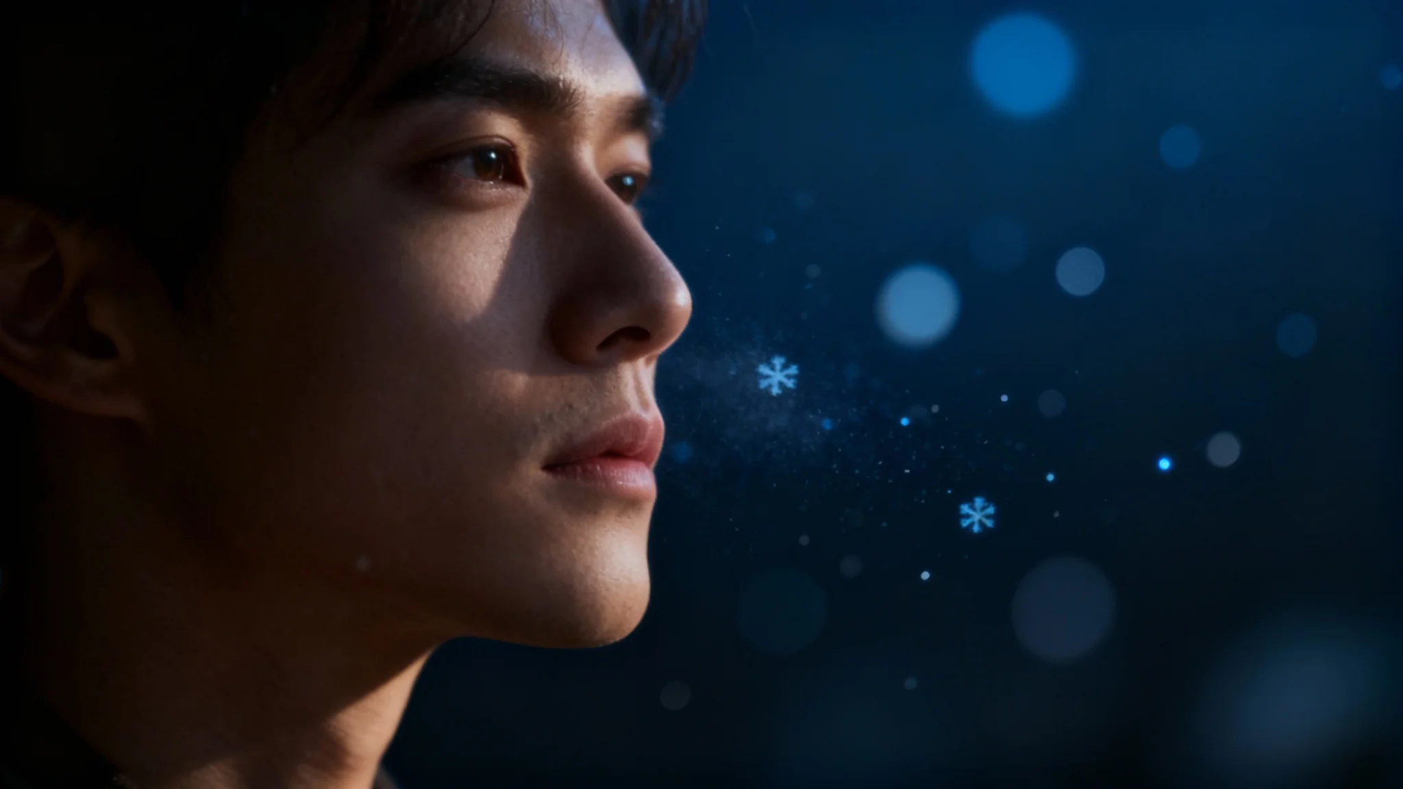 A dramatic, cinematic portrait of a person in low light, enhanced with a beautiful overlay of floating dust particles that catch the light, adding depth and texture to the photo.