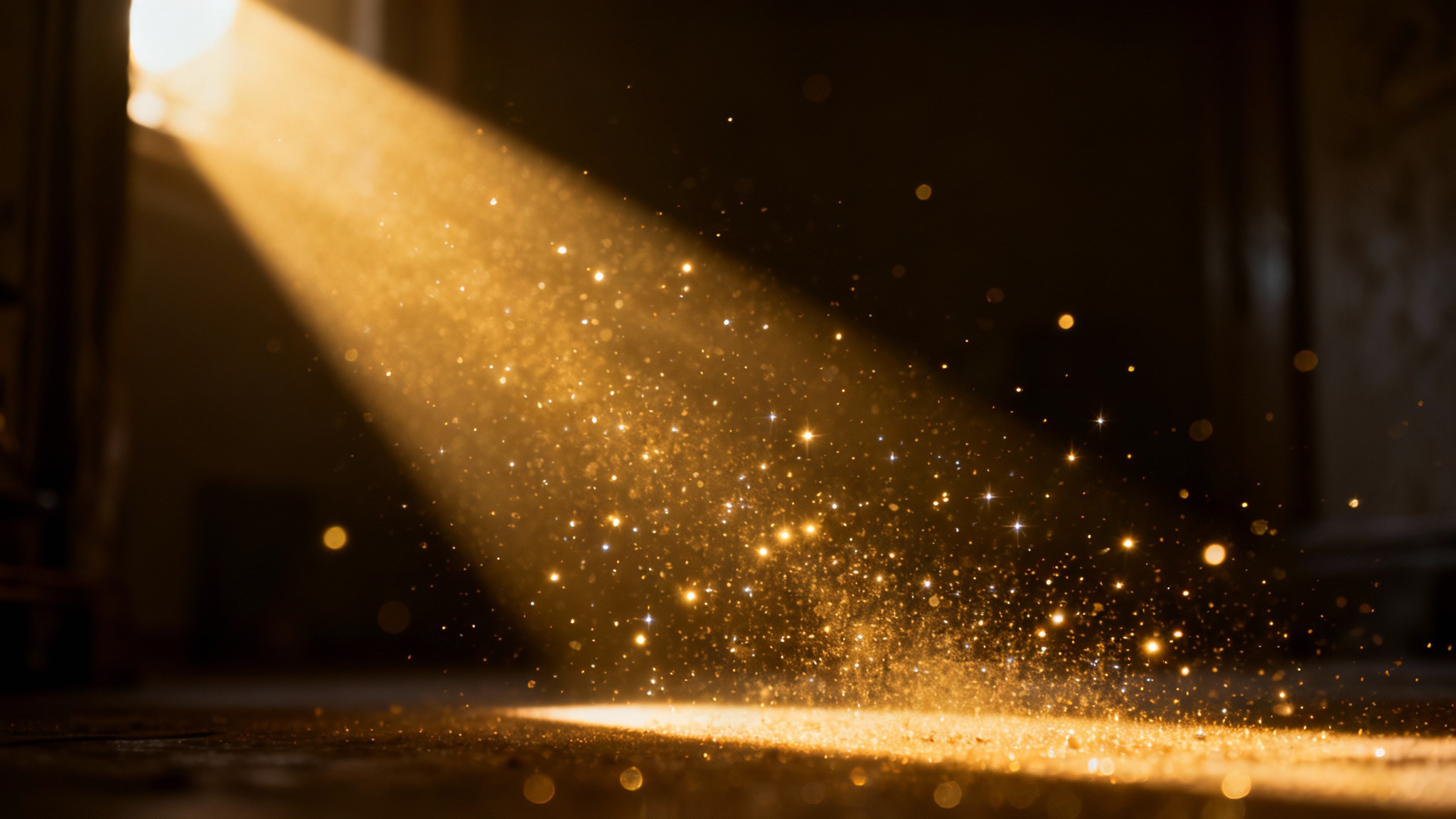A cinematic photo showing a dark room with a bright, golden sunbeam shining through, illuminating thousands of tiny dust particles floating in the air, presented on a white background.