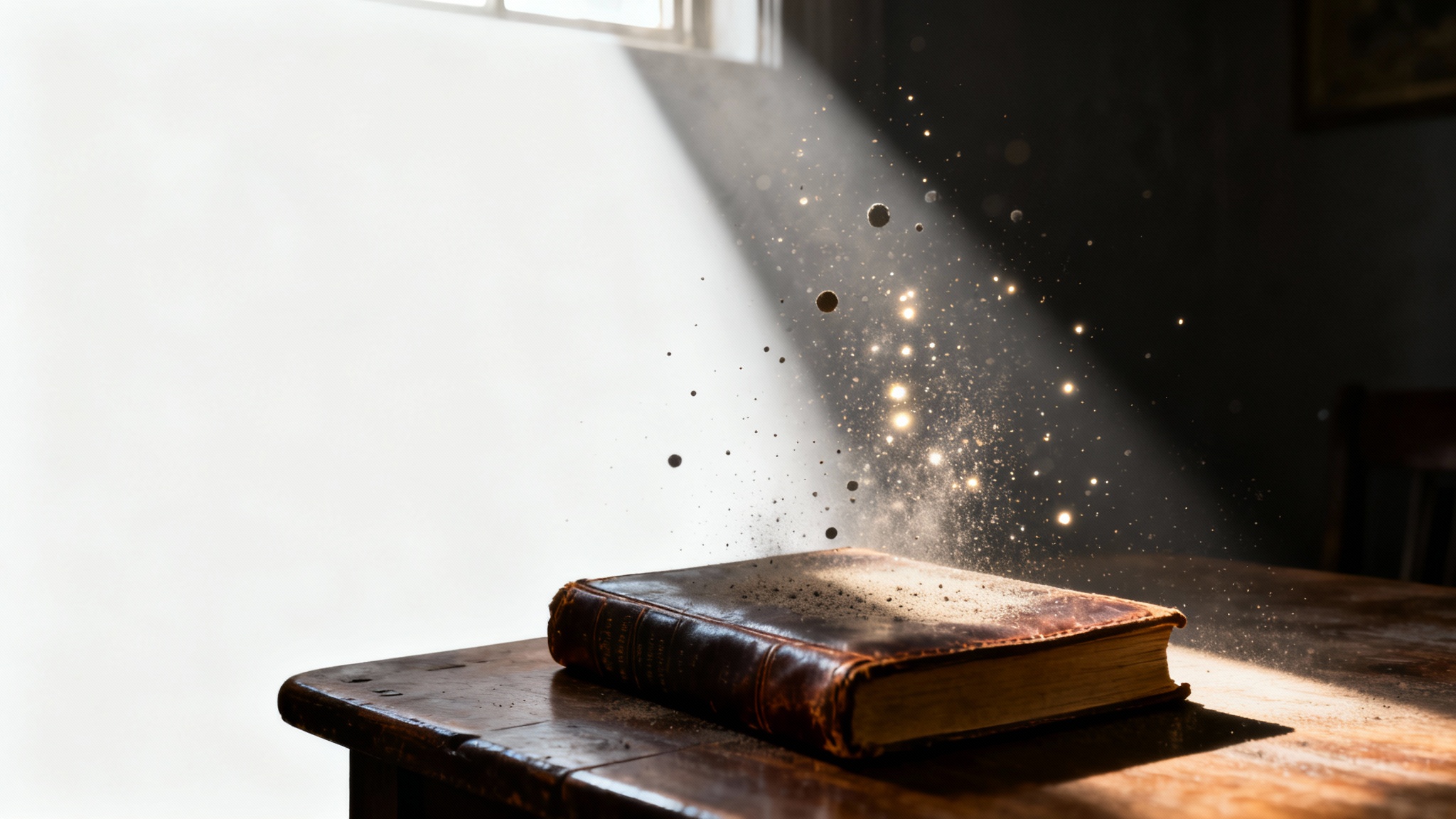 An atmospheric photo demonstrating a dust particle overlay, showing a beam of light cutting through a dark room and illuminating thousands of shimmering dust motes.