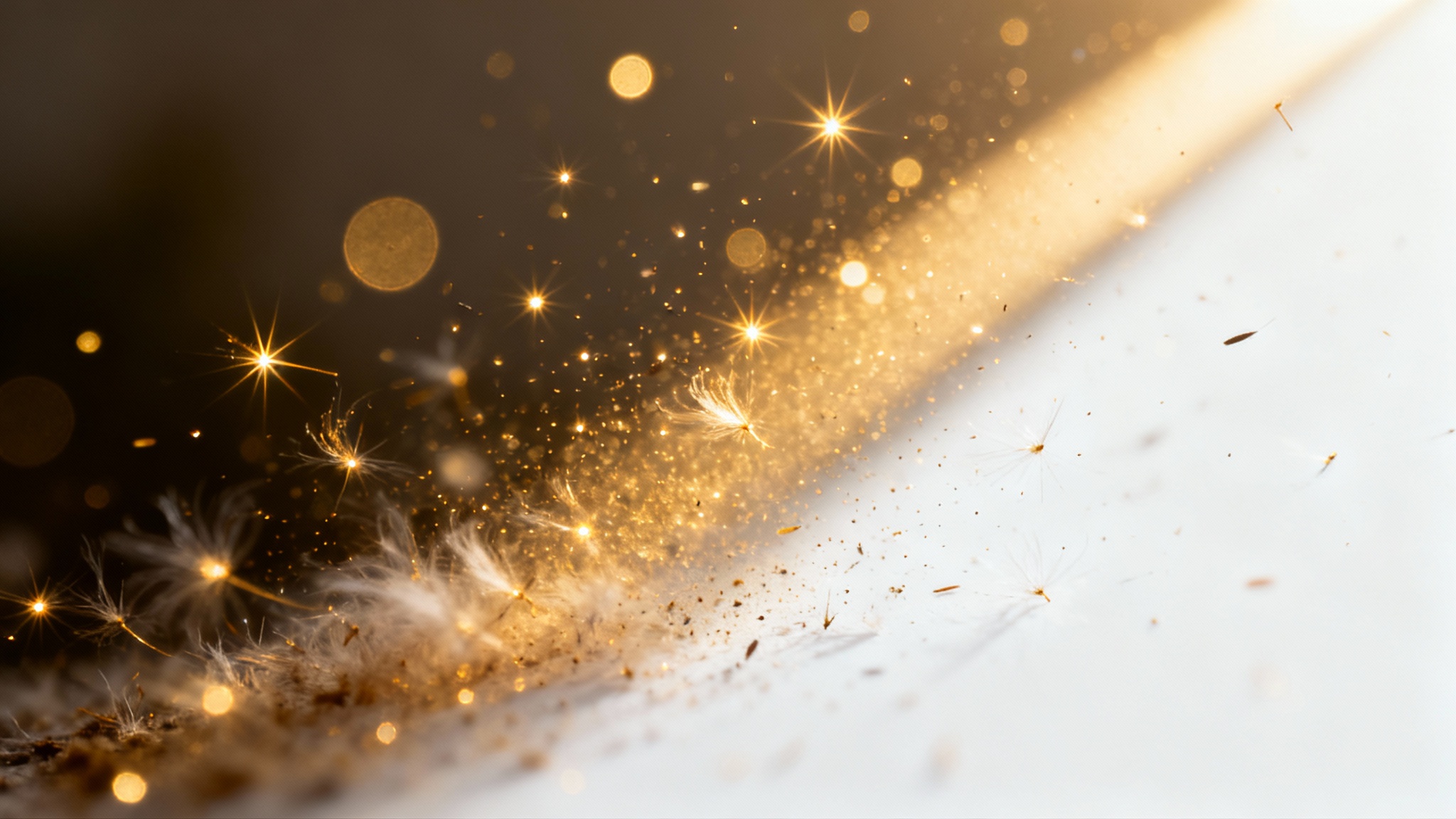 A close-up photograph of a sunbeam filled with glowing, floating dust particles against a dark backdrop, demonstrating a dust particle overlay effect.