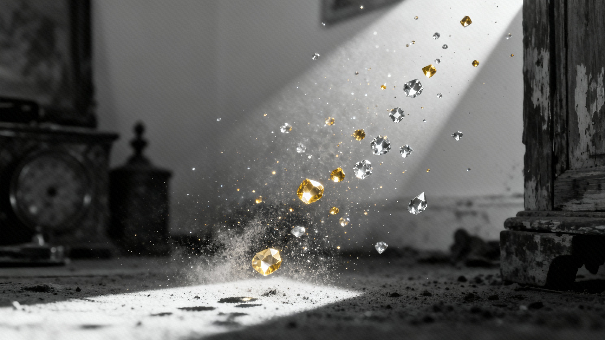 A dramatic sunbeam streams through a dark room, illuminating millions of tiny floating dust particles to showcase a dust particle overlay effect.