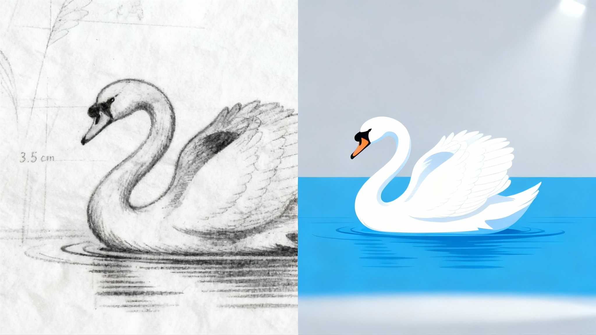 A split-screen hero image demonstrating an image trace. The left side shows a black and white ink drawing of a swan on paper. The right side shows the final result: a clean, full-color vector graphic of the same swan.