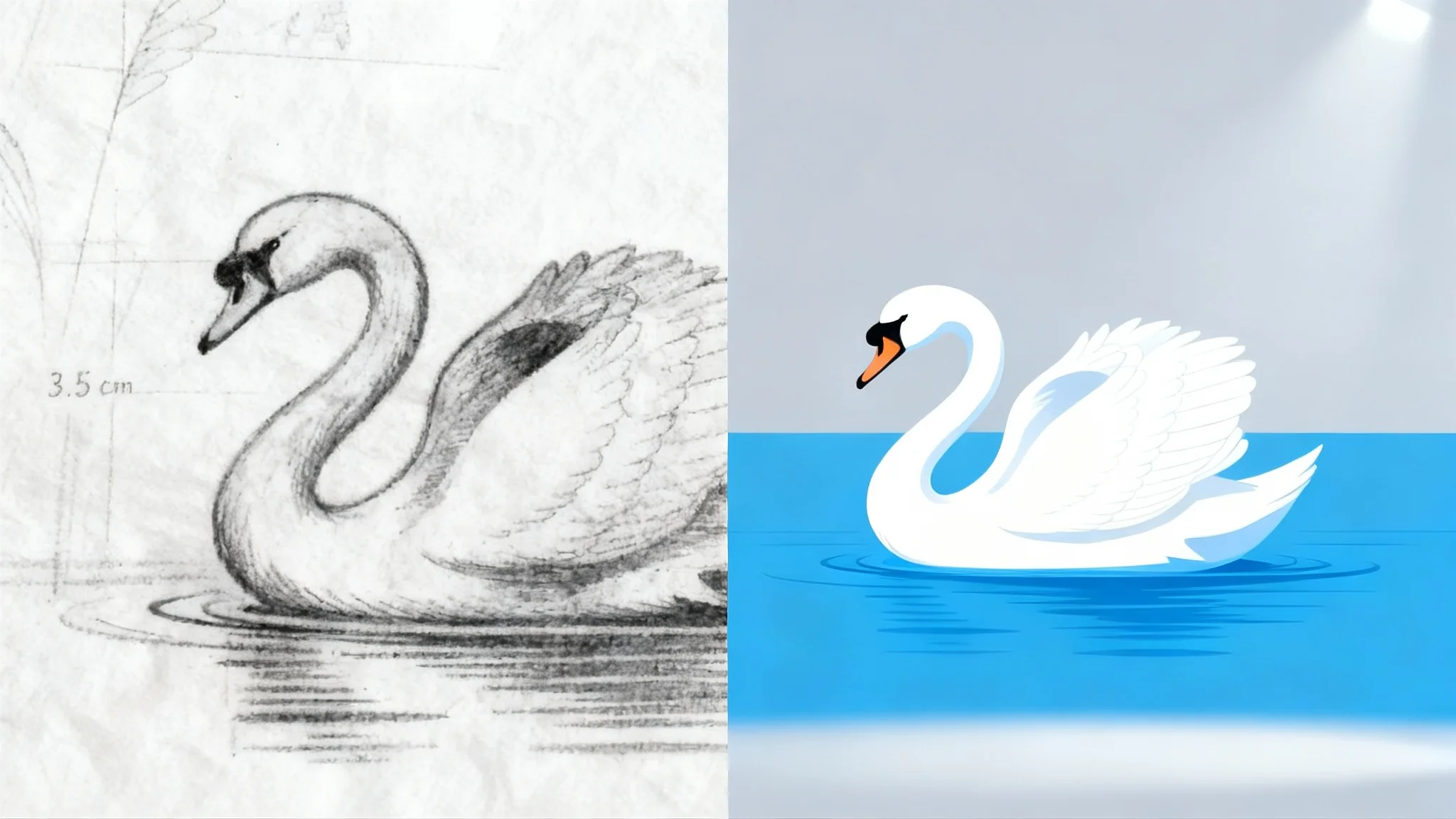 A split-screen hero image demonstrating an image trace. The left side shows a black and white ink drawing of a swan on paper. The right side shows the final result: a clean, full-color vector graphic of the same swan.