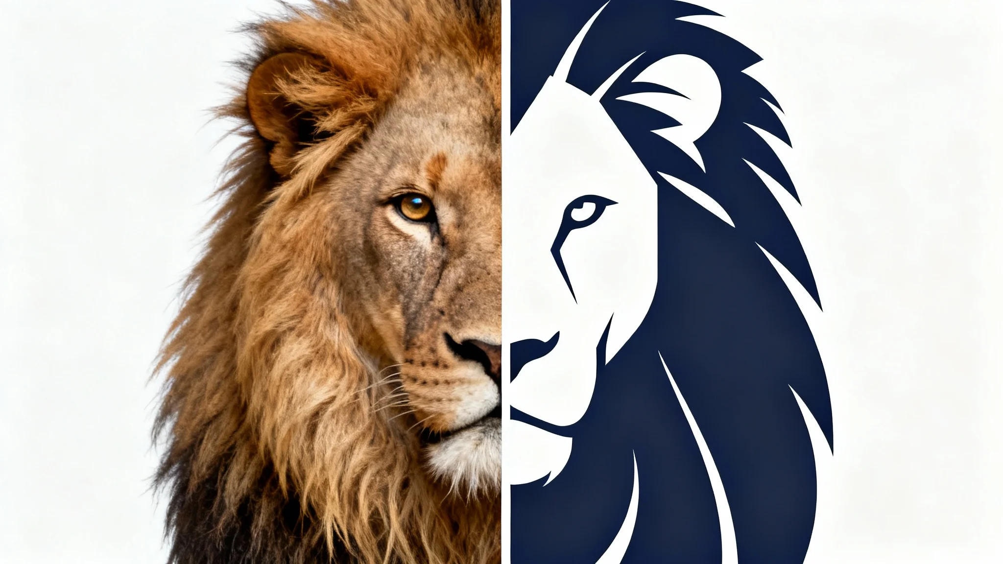 A lion's head split in two, showing the transformation from a detailed photograph on the left to a clean vector graphic on the right, illustrating the image trace process.