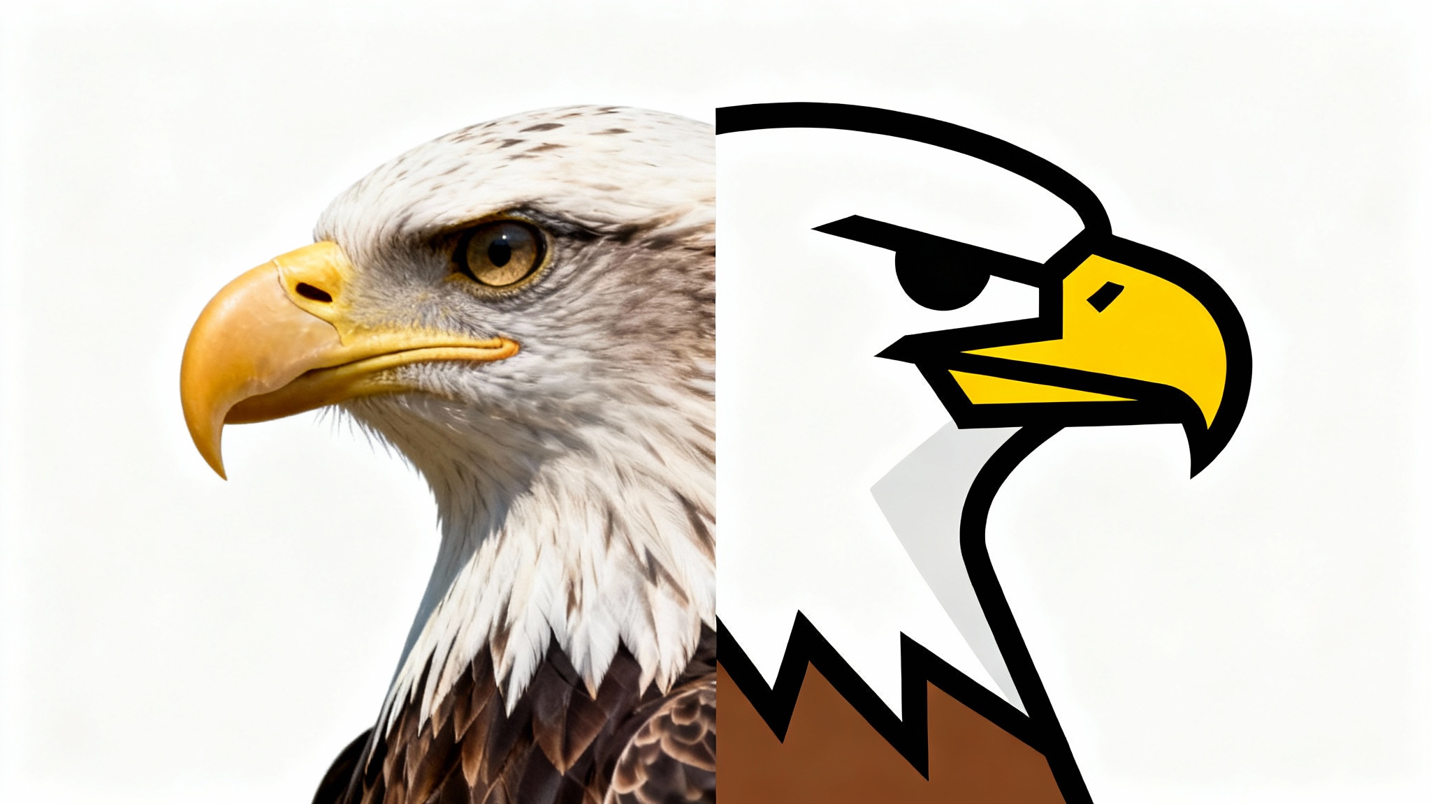 A split image demonstrating image tracing, with the left side showing a realistic photograph of an eagle and the right side showing the same eagle as a simplified vector graphic against a white background.
