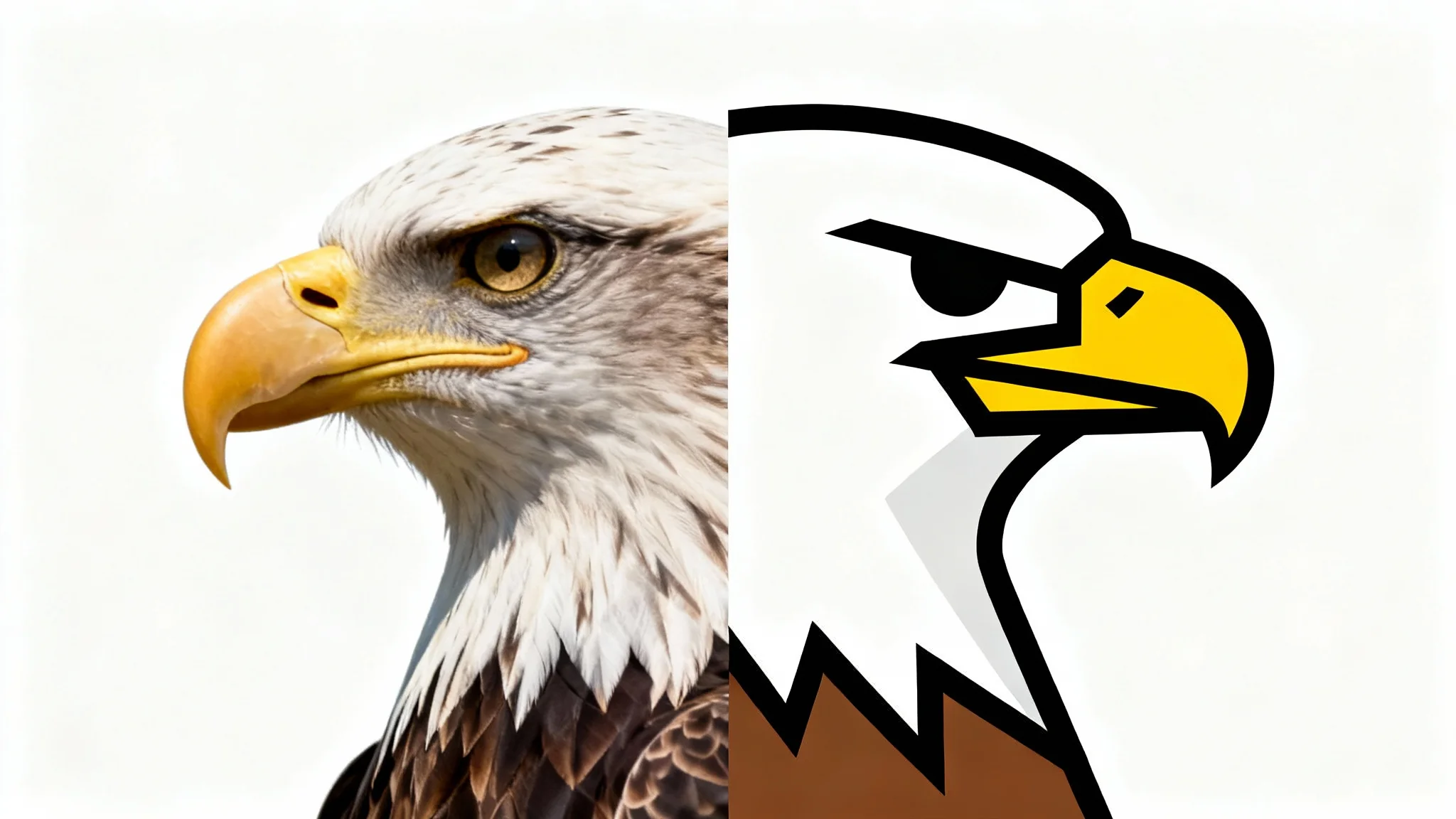 A split image demonstrating image tracing, with the left side showing a realistic photograph of an eagle and the right side showing the same eagle as a simplified vector graphic against a white background.
