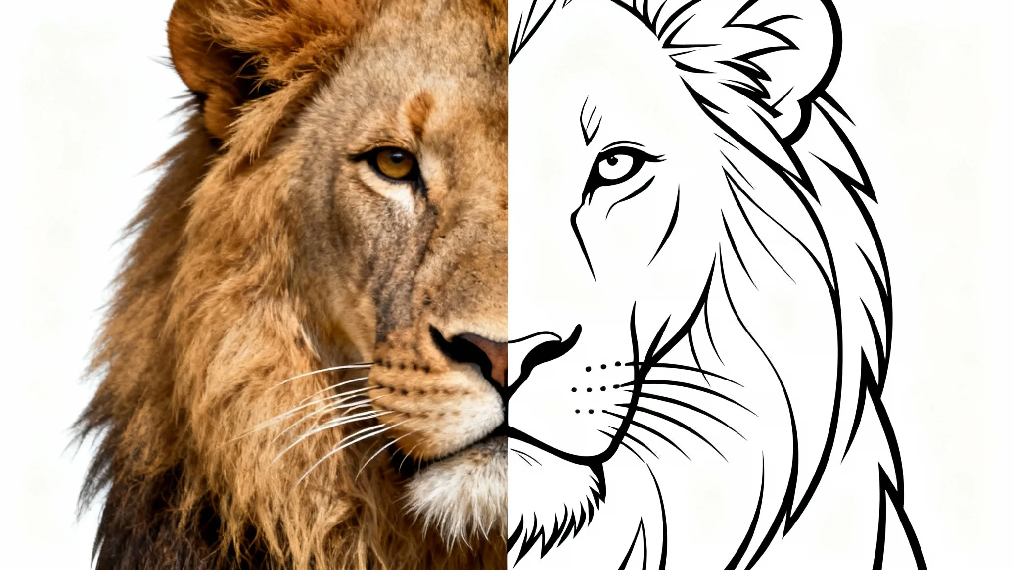 A conceptual image demonstrating image tracing. The left half shows a photorealistic photograph of a lion's head, and the right half shows the same lion's head rendered as a clean, sharp vector illustration.