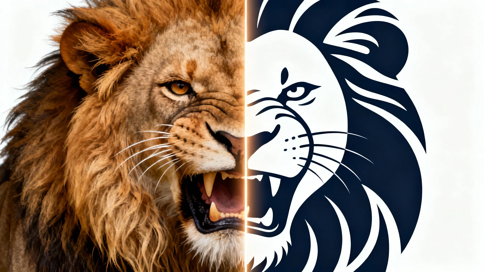 An image demonstrating the process of image tracing, showing a lion's head that is half-photorealistic and half-vector illustration, symbolizing the conversion from a raster image to a vector graphic.