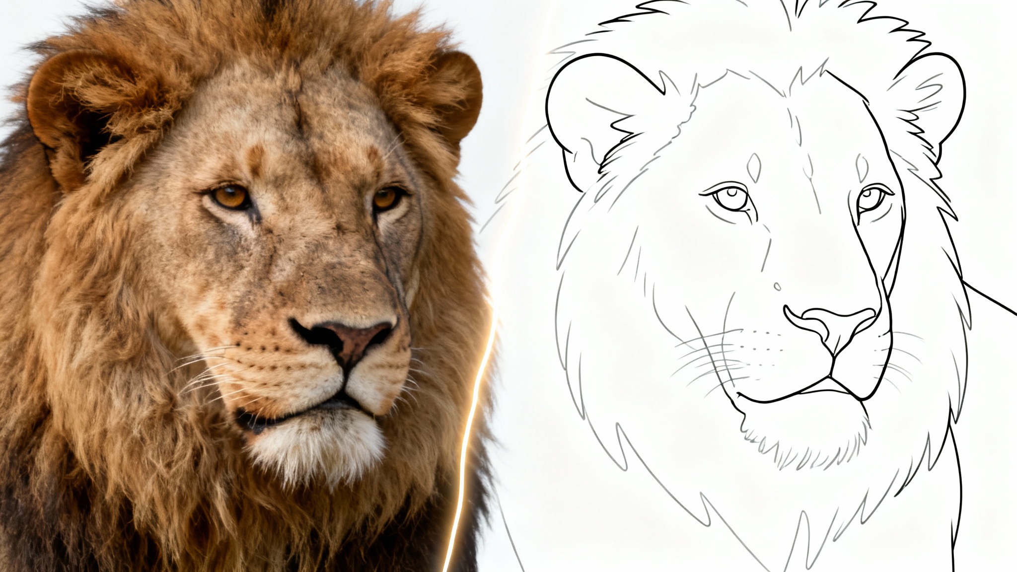 An image demonstrating the image trace process, showing a lion's head split between a photograph on one side and a vector line art drawing on the other.