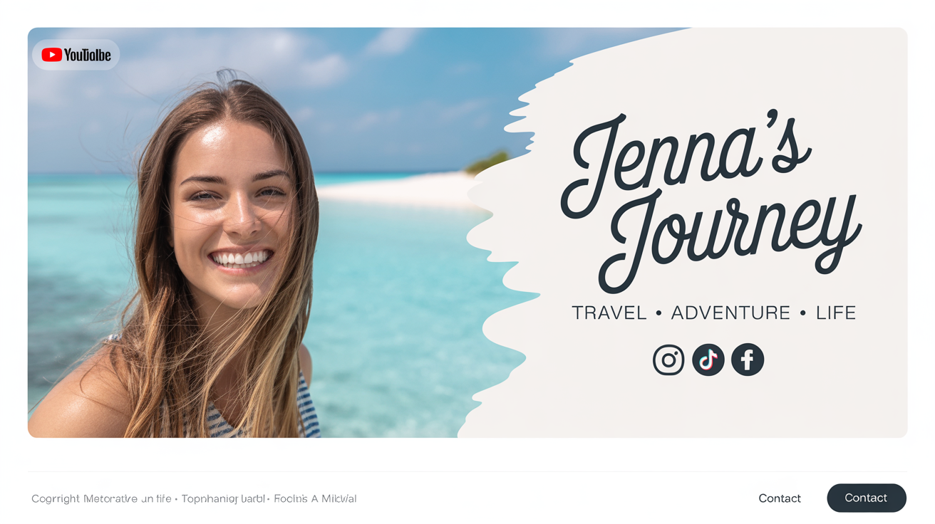 A professionally designed YouTube banner for a travel vlogger named 'Jenna's Journey', featuring a photo of the vlogger and her channel tagline.