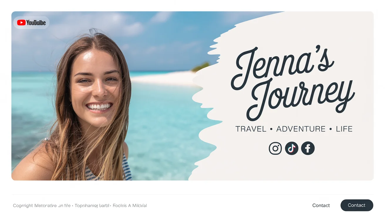 A professionally designed YouTube banner for a travel vlogger named 'Jenna's Journey', featuring a photo of the vlogger and her channel tagline.