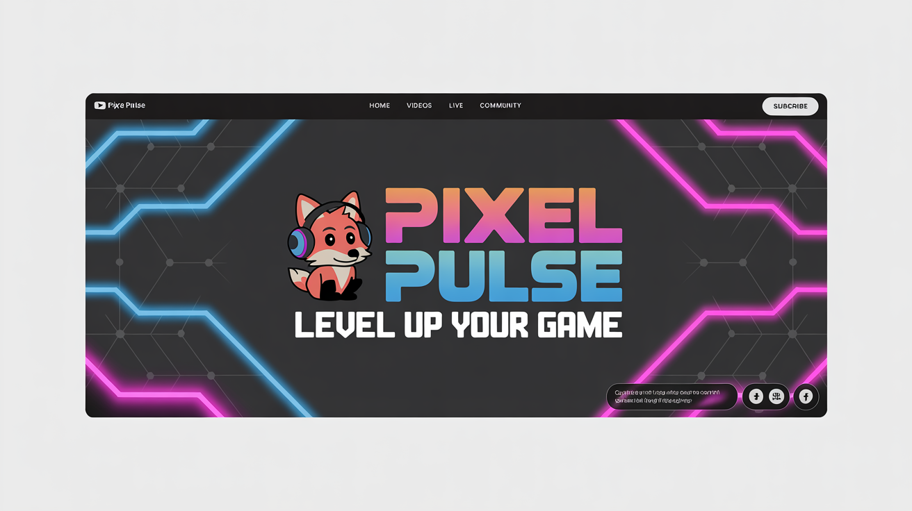 A mockup of a vibrant, futuristic YouTube banner for a gaming channel named 'Pixel Pulse', featuring a fox mascot with headphones, displayed against a clean white background.