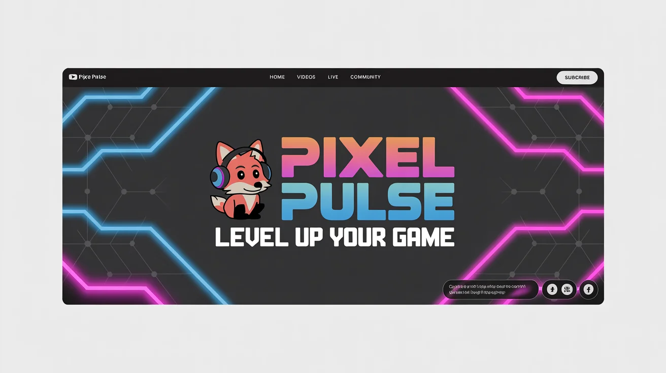 A mockup of a vibrant, futuristic YouTube banner for a gaming channel named 'Pixel Pulse', featuring a fox mascot with headphones, displayed against a clean white background.