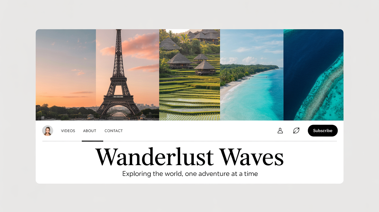 A mockup of a YouTube banner for a travel channel called 'Wanderlust Waves', showing a collage of scenic destinations and the channel name, all displayed on a clean white background.