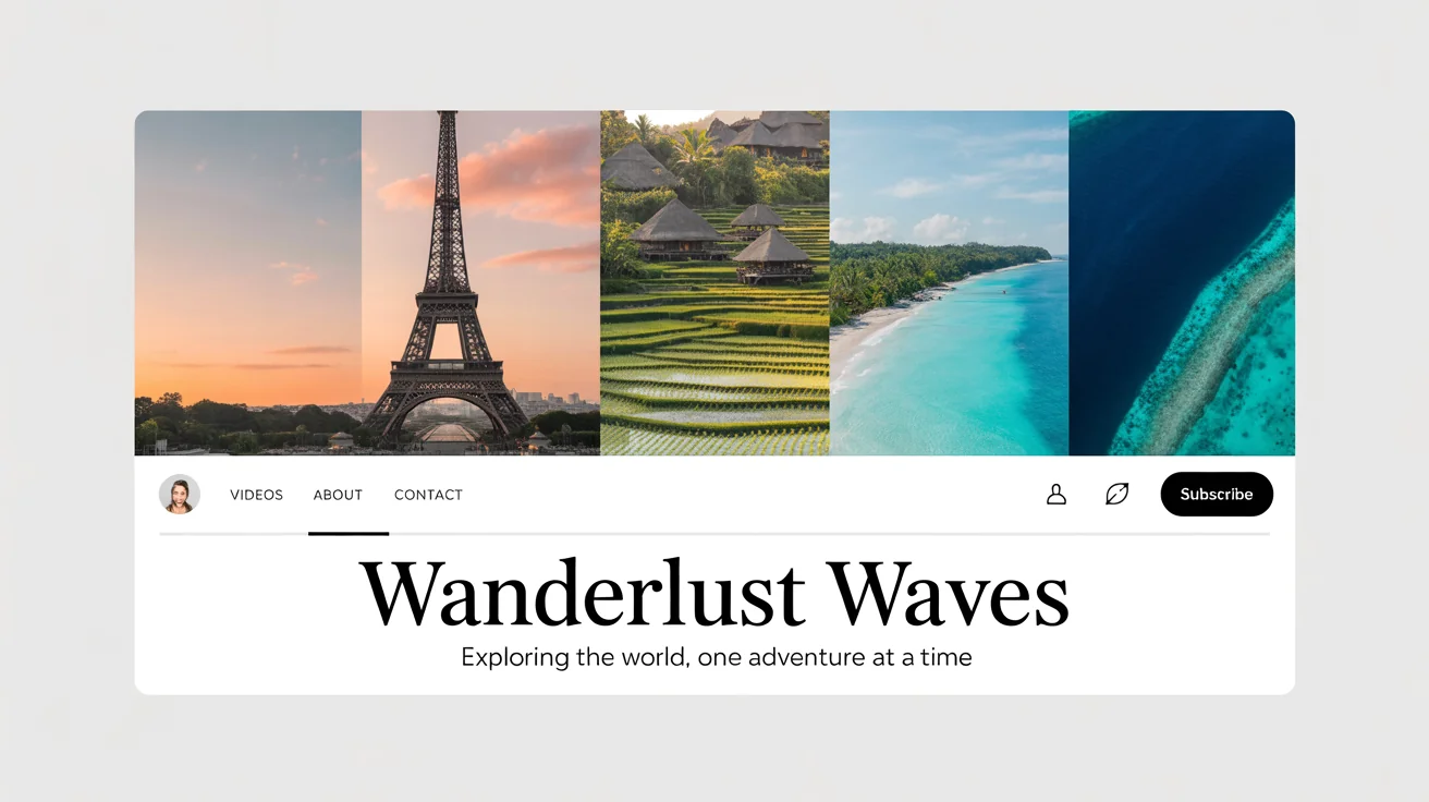 A mockup of a YouTube banner for a travel channel called 'Wanderlust Waves', showing a collage of scenic destinations and the channel name, all displayed on a clean white background.