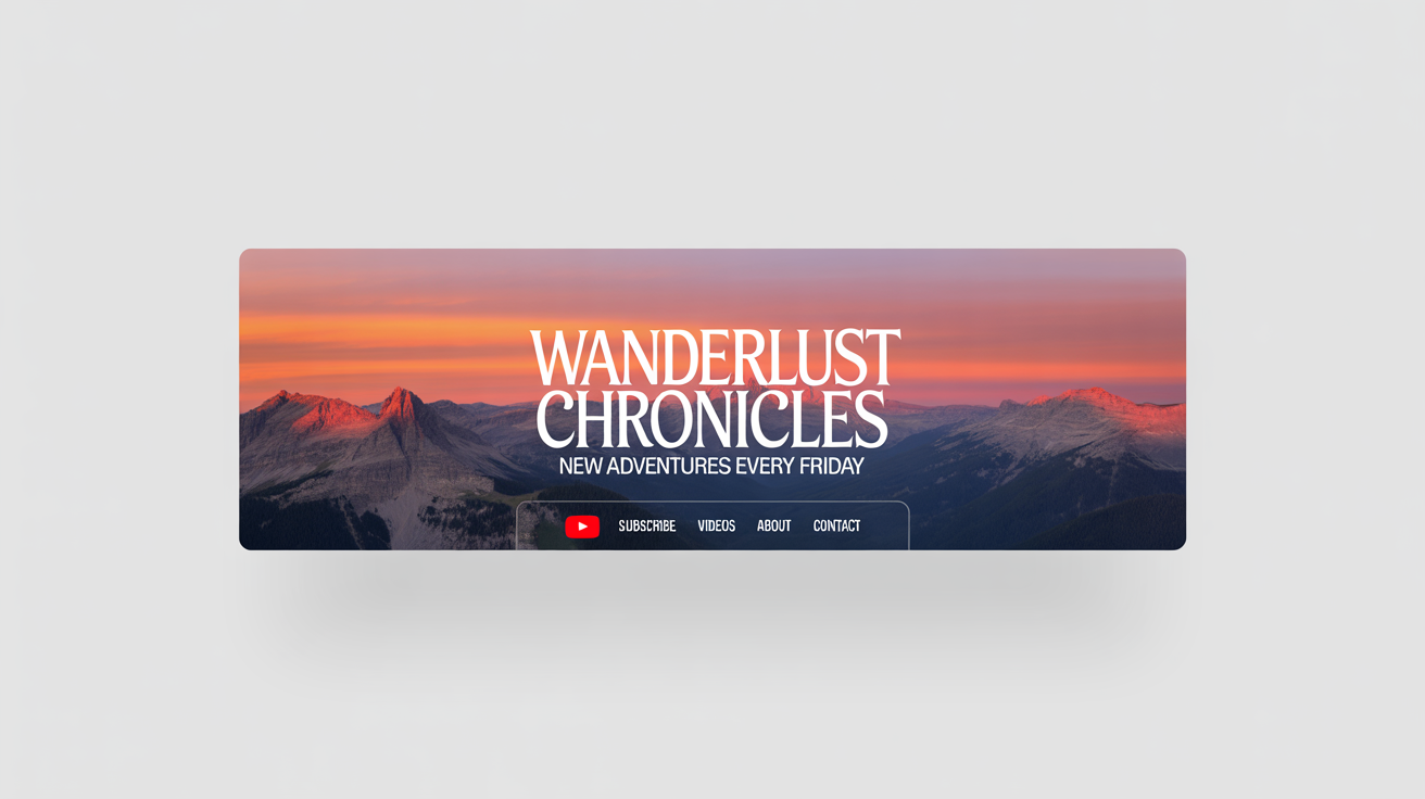 A mockup of a professional YouTube banner for a travel channel called 'Wanderlust Chronicles', featuring a mountain sunset scene and set against a plain white background.