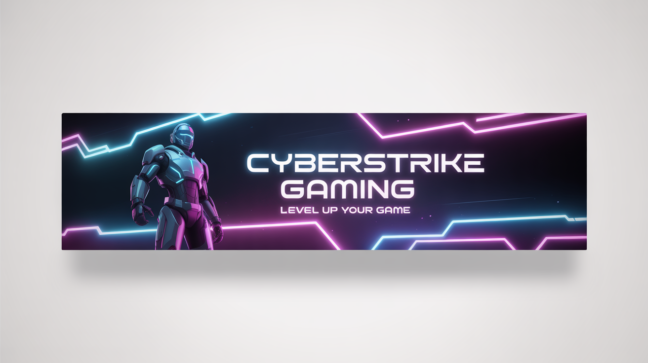 A mockup of a futuristic YouTube banner for a gaming channel called 'CYBERSTRIKE GAMING', featuring a character in armor and neon light effects, displayed on a white background.