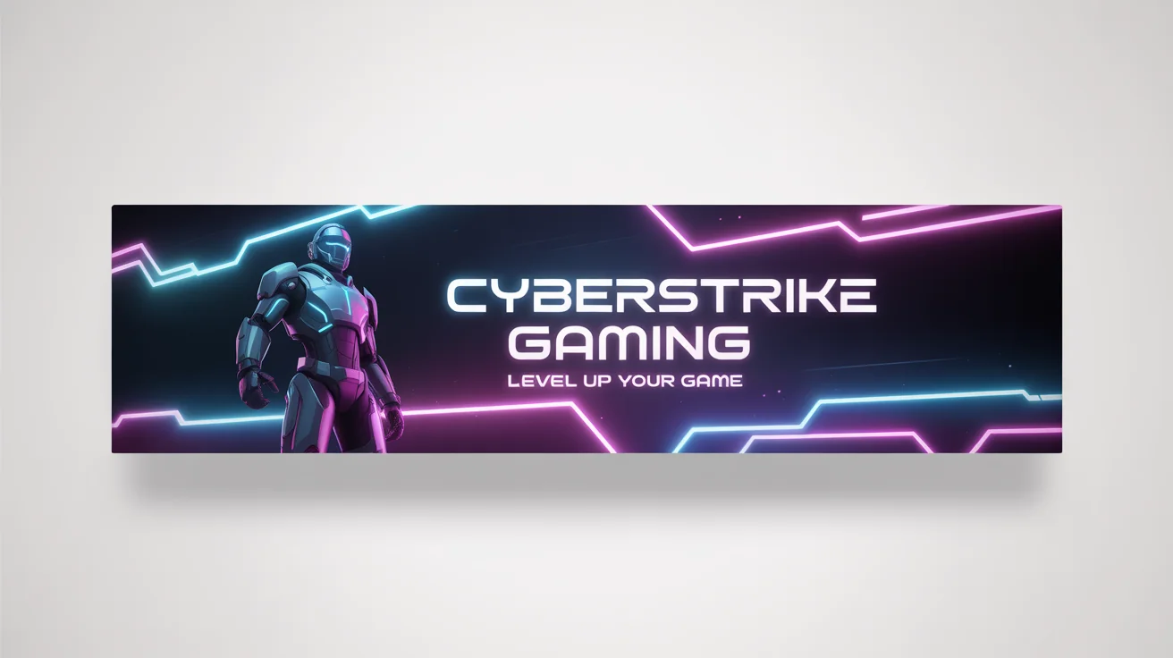 A mockup of a futuristic YouTube banner for a gaming channel called 'CYBERSTRIKE GAMING', featuring a character in armor and neon light effects, displayed on a white background.